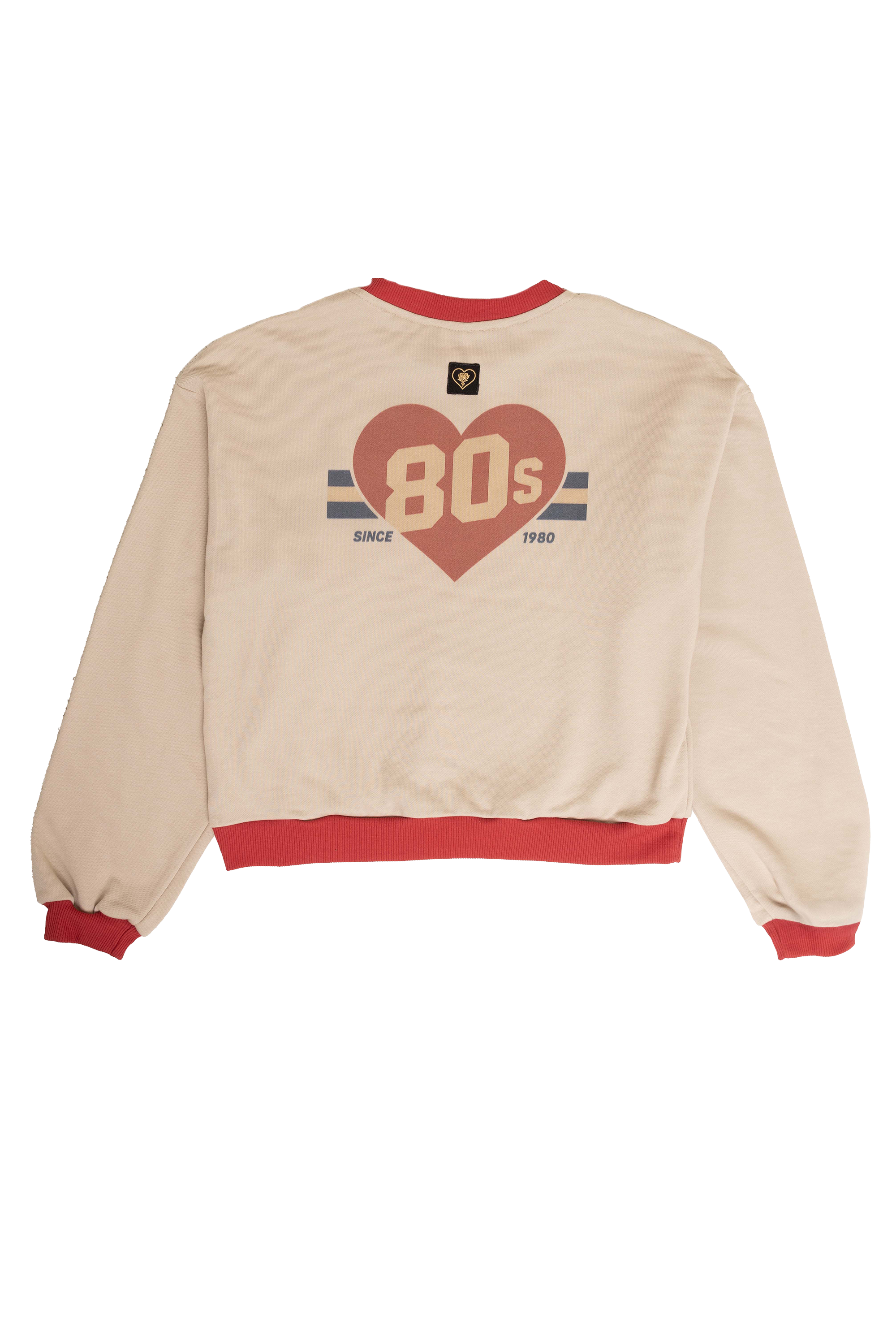 Beige sweatshirt with red heart and text design on a white background