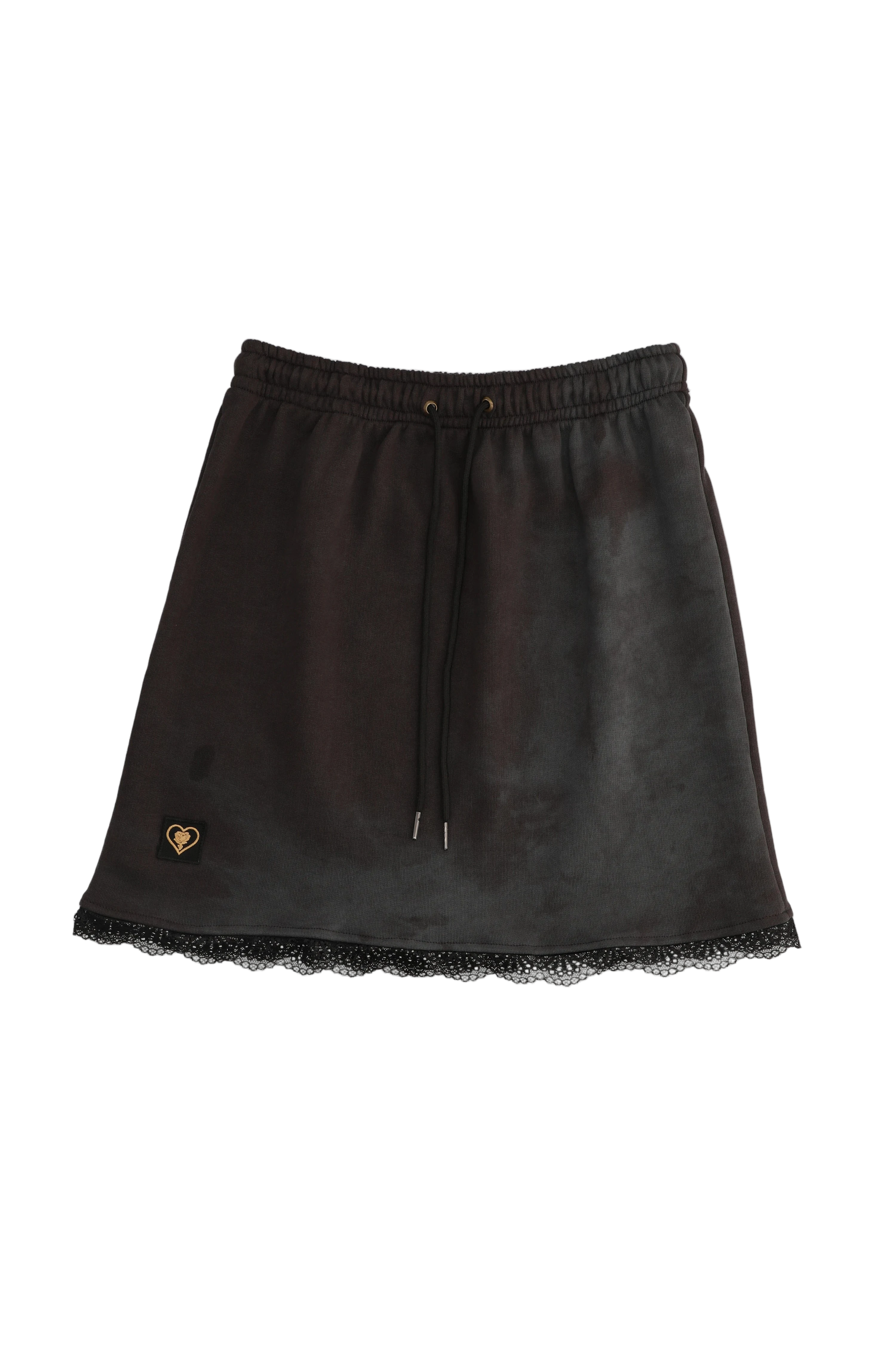 Black leather skirt with lace hem on a white background