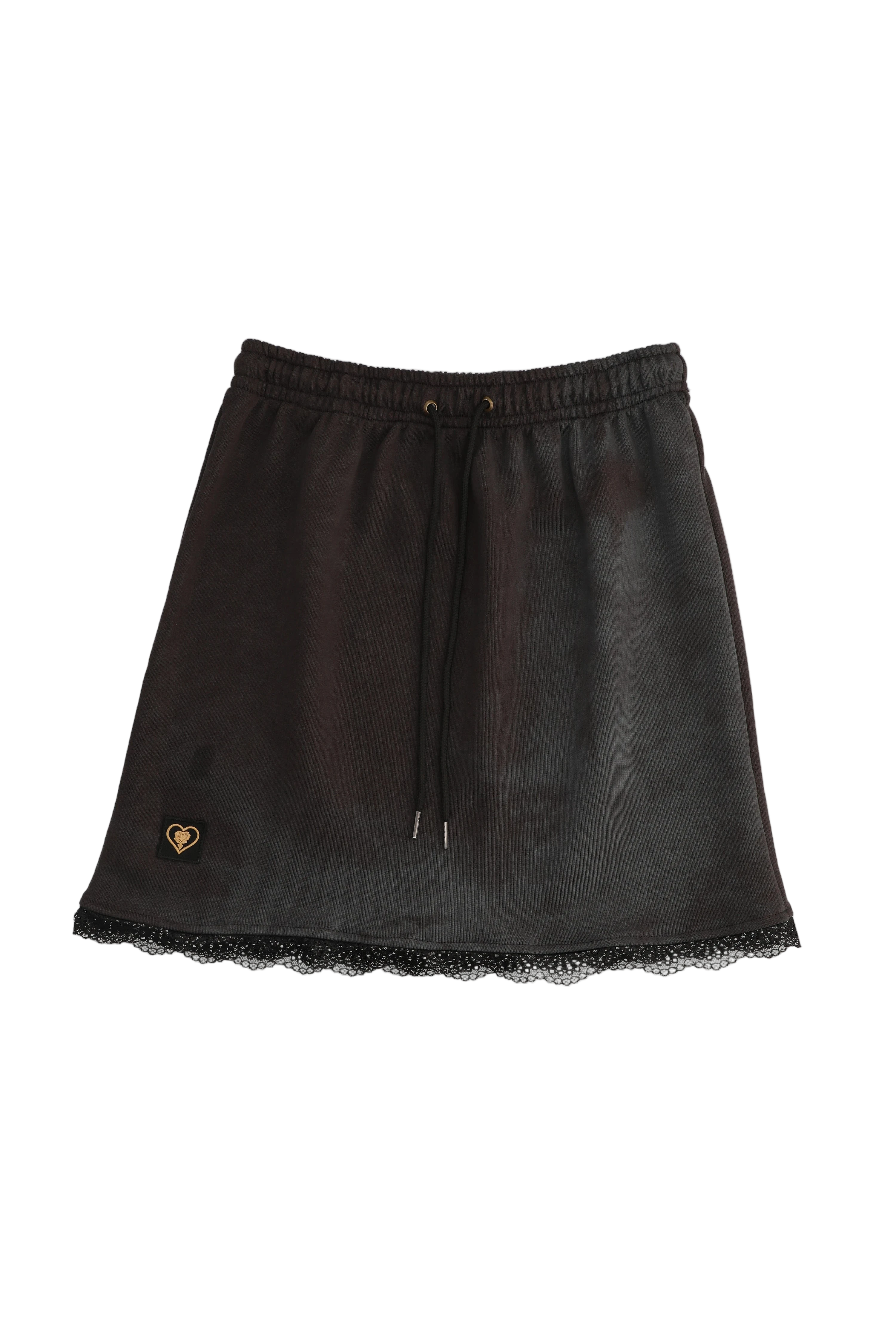 Black leather skirt with lace hem on a white background