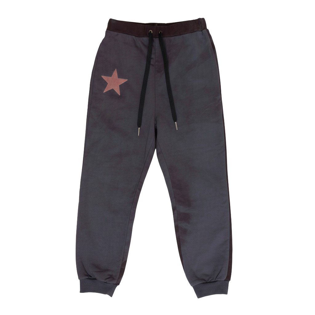 Dark gray jogger pants with a red star on a white background