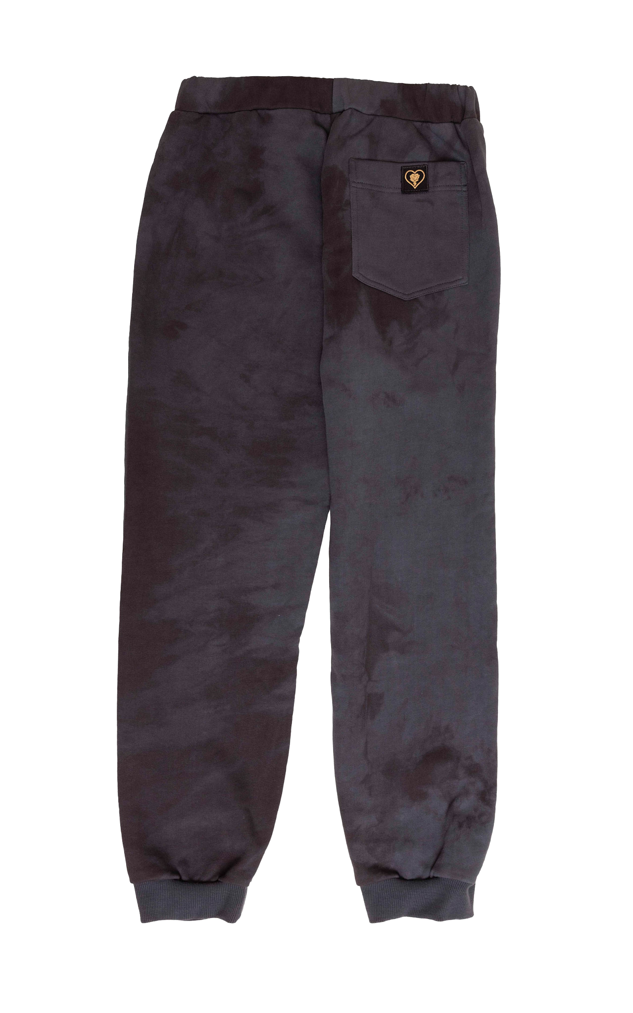 Dark gray pants with a brand logo on a white background