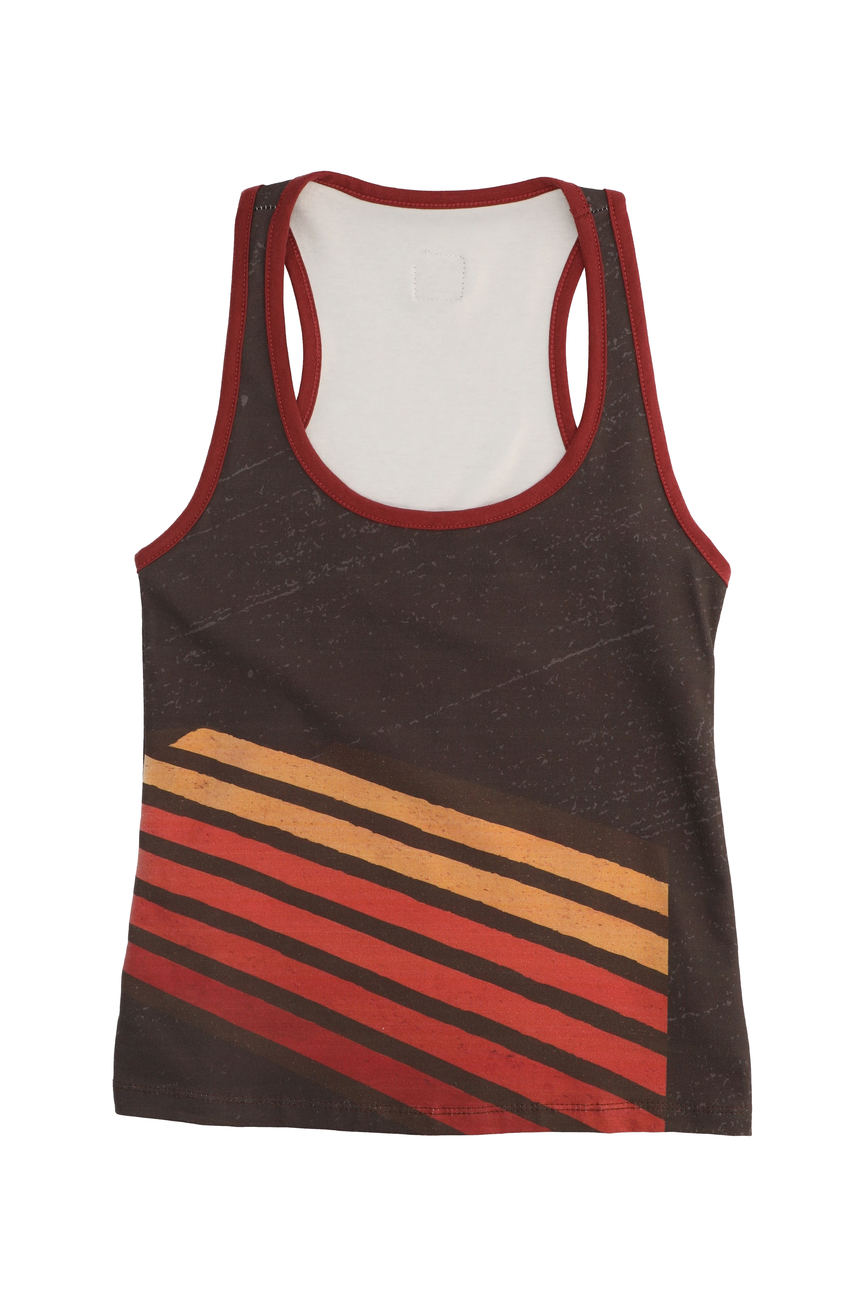 Brown tank top with red and orange stripes on a white background