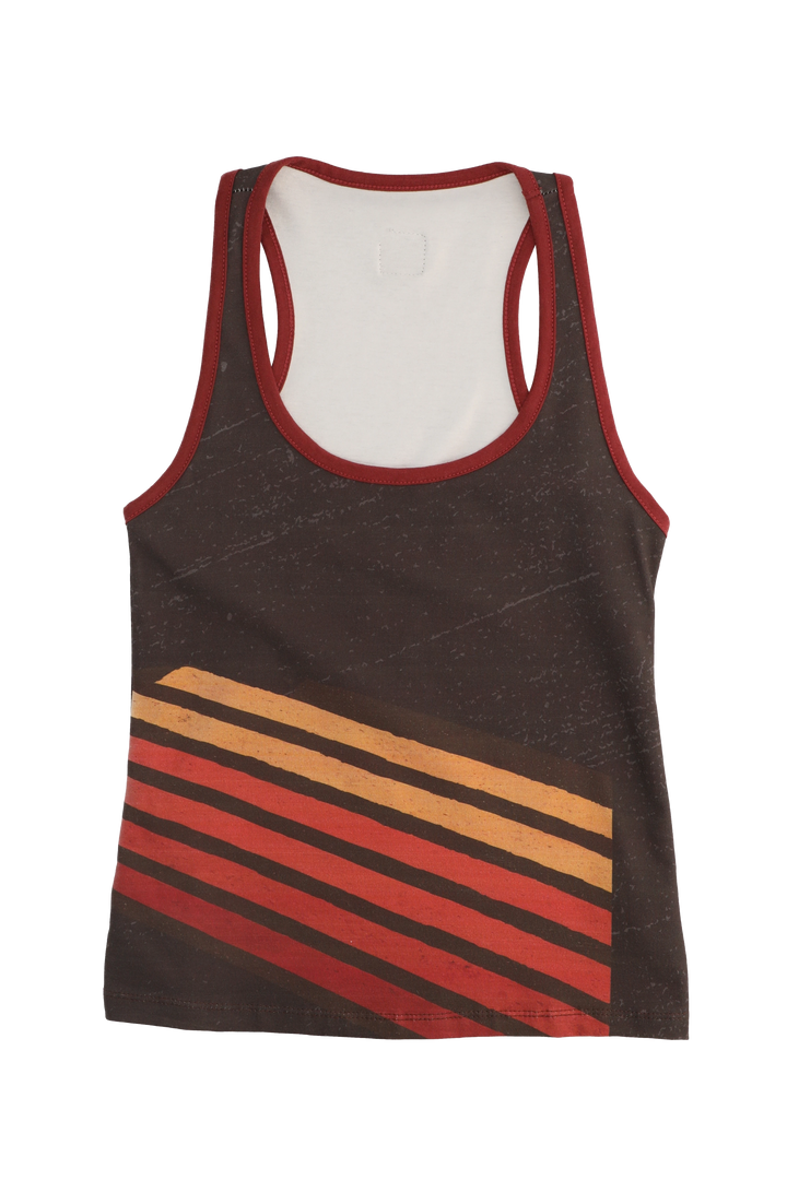 Brown tank top with red and orange stripes on a white background
