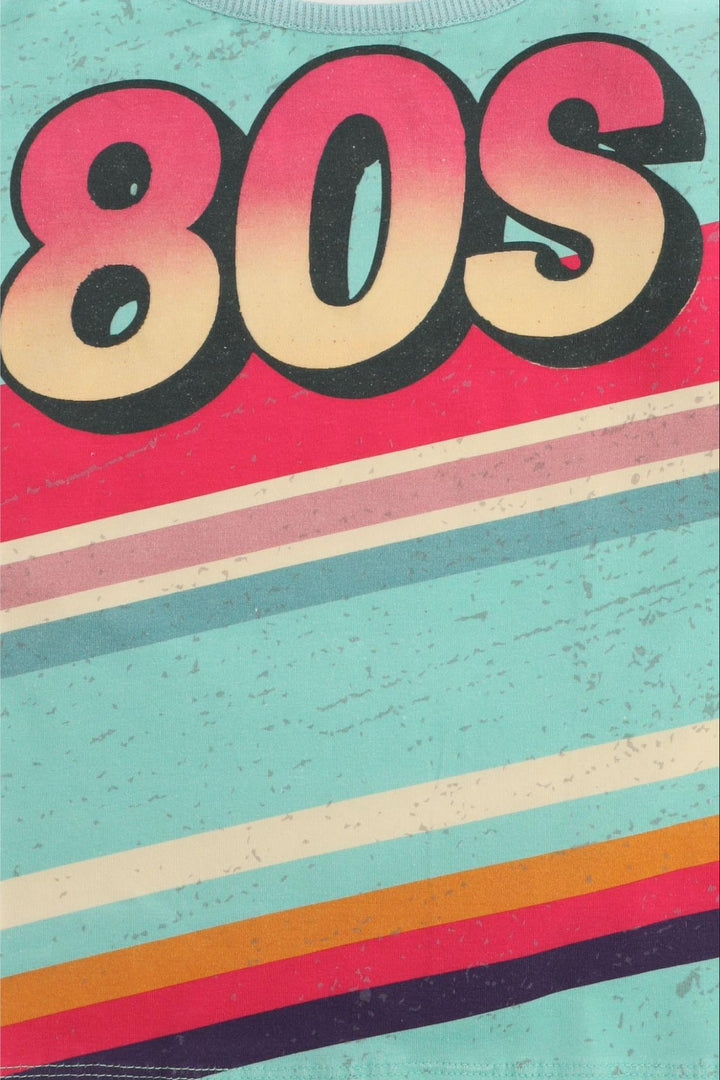  retro design with '80s' text on a striped background