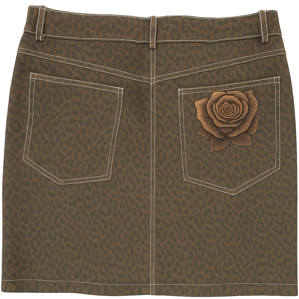 Brown leopard print skirt with a rose pocket detail on a white background