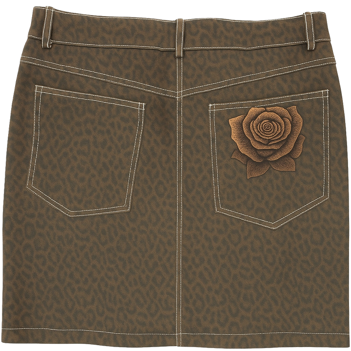 Brown leopard print skirt with a rose pocket detail on a white background