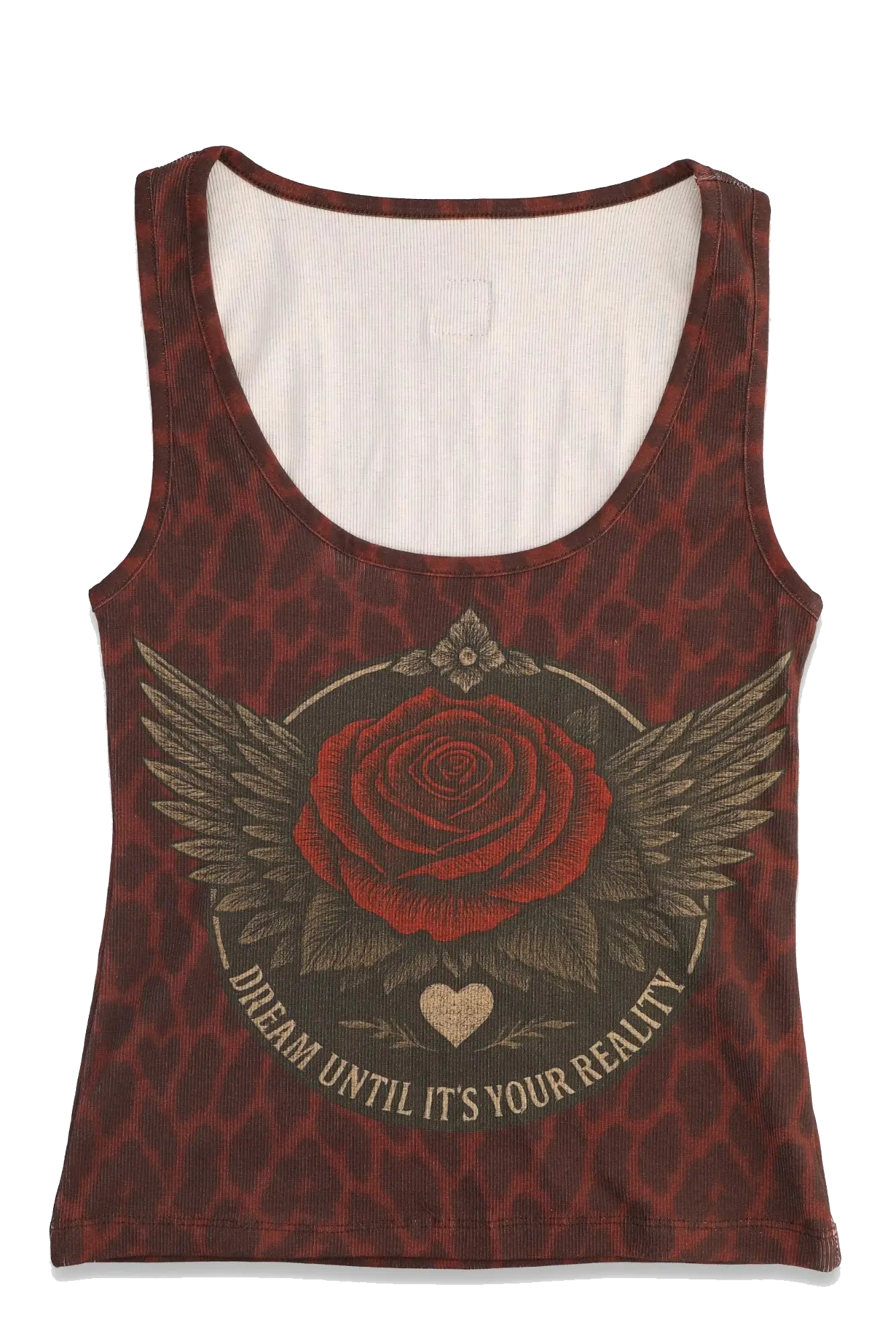 Tank top with red rose and wings design on a white background