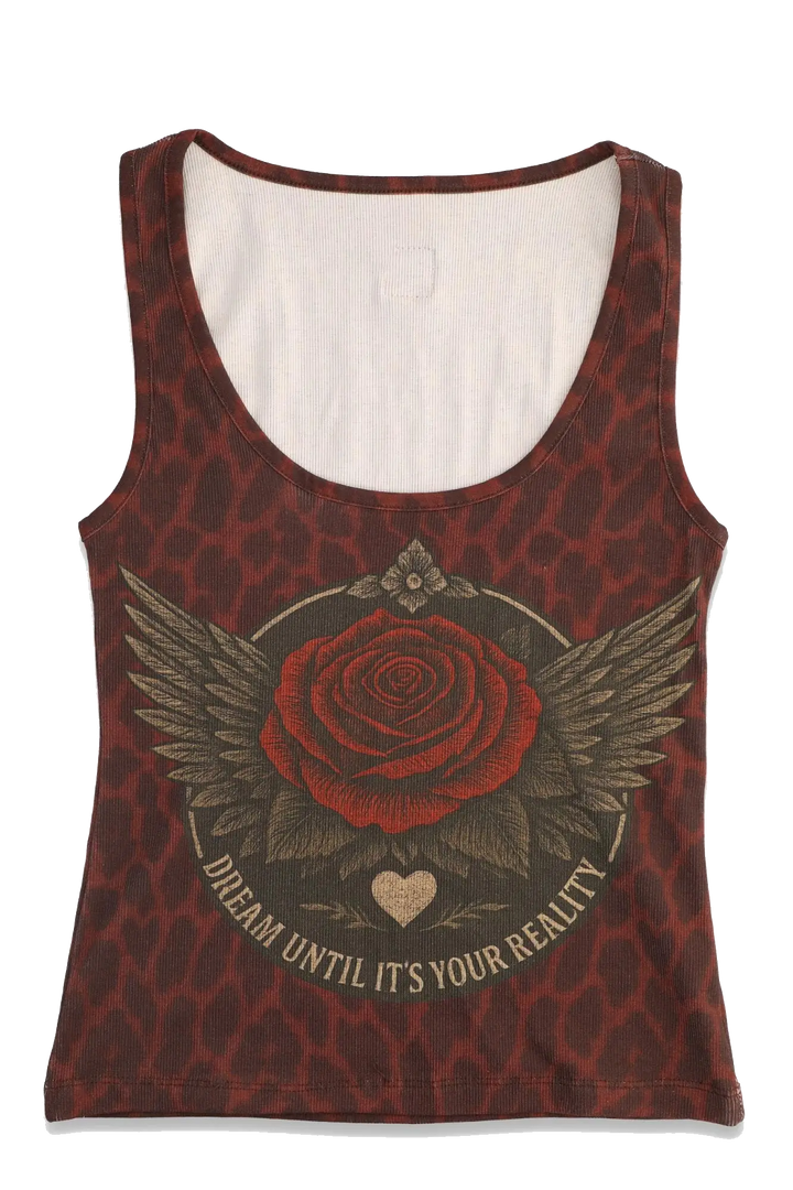 Tank top with red rose and wings design on a white background