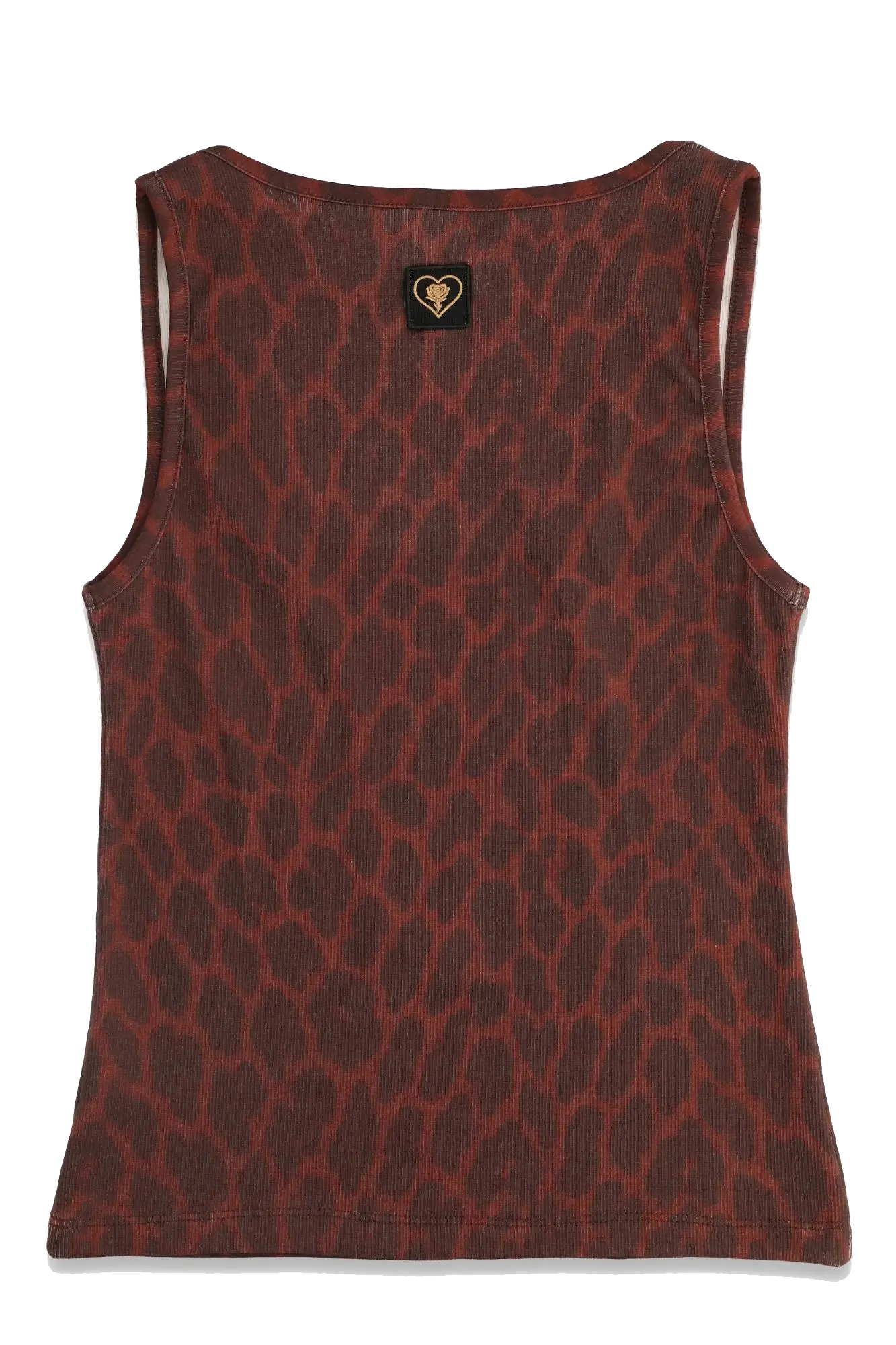 Red leopard print tank top with a brand logo on a white background