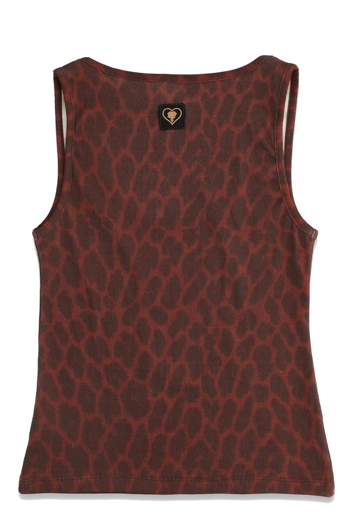 Red leopard print tank top with a brand logo on a white background