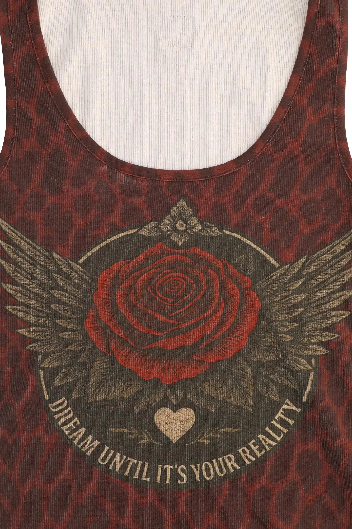 Red tank top with rose and wings design and text 'Dream until it's your reality'.