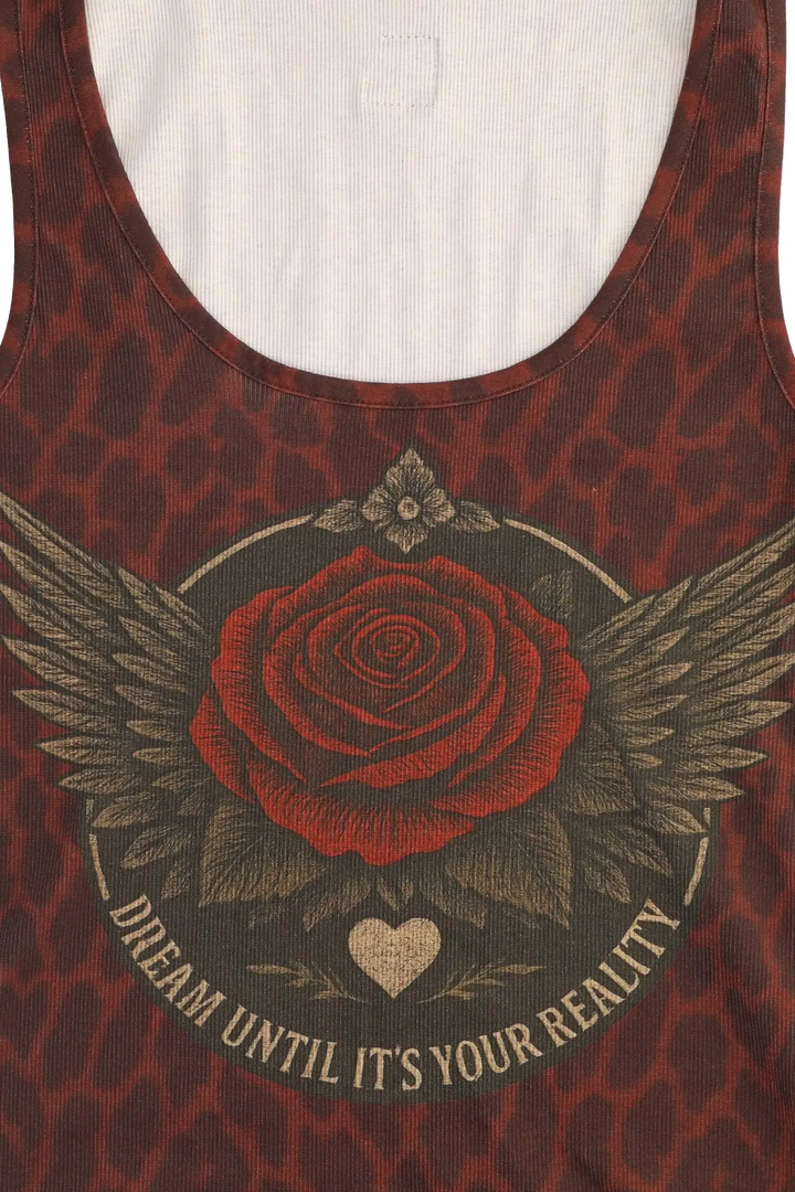 Red tank top with rose and wings design and text 'Dream until it's your reality'.