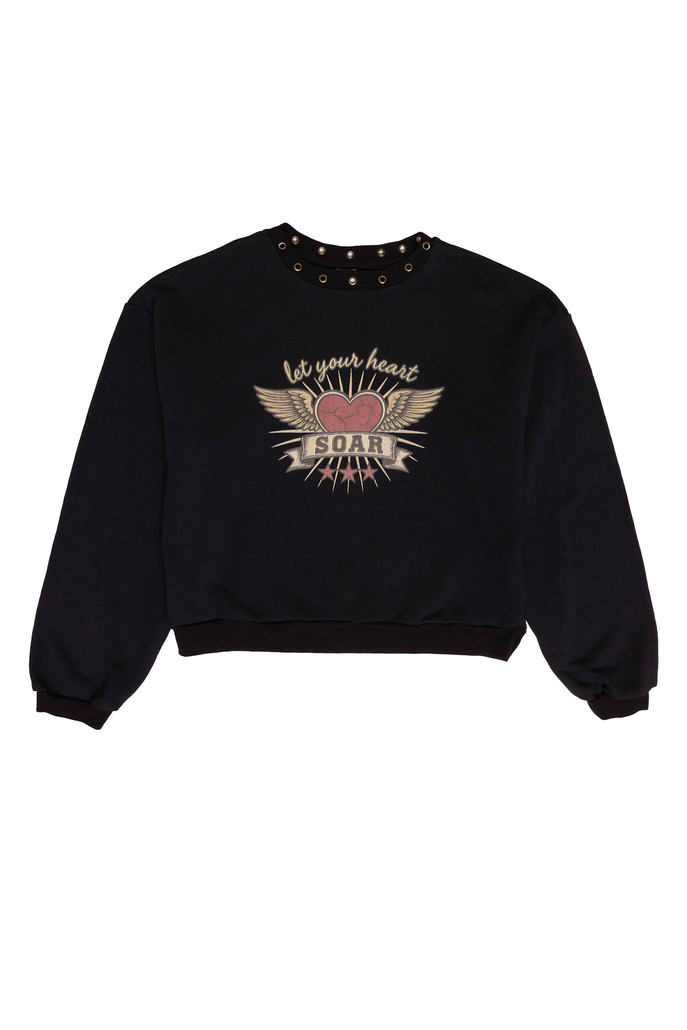 Black sweatshirt with a heart and wings design on a white background