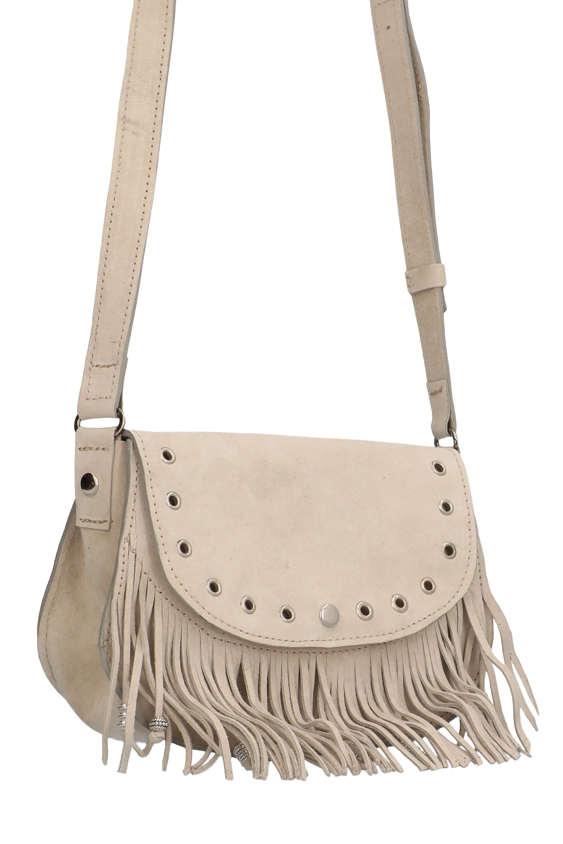 Beige suede handbag with fringe details on a white background