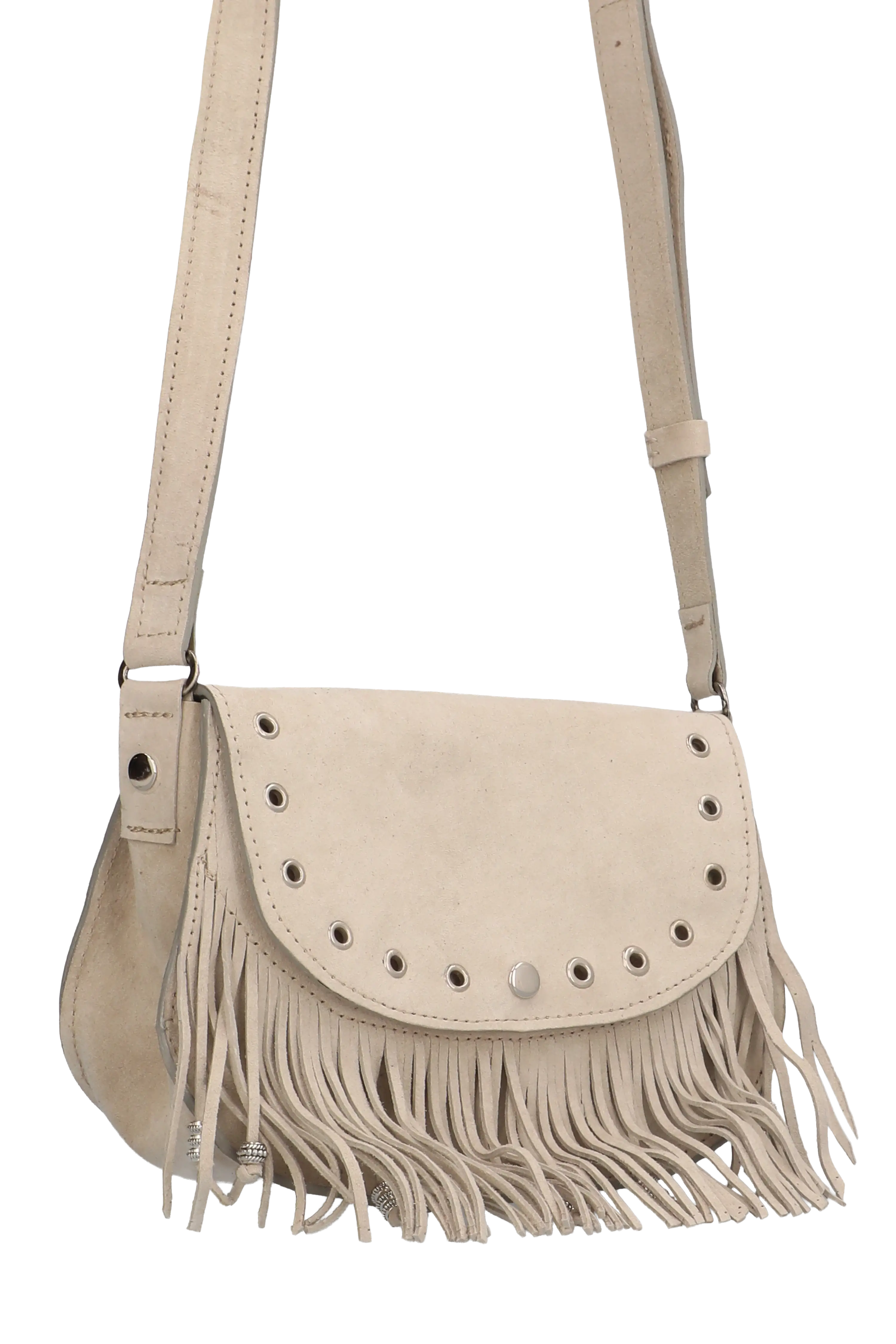 Beige suede handbag with fringe details on a white background