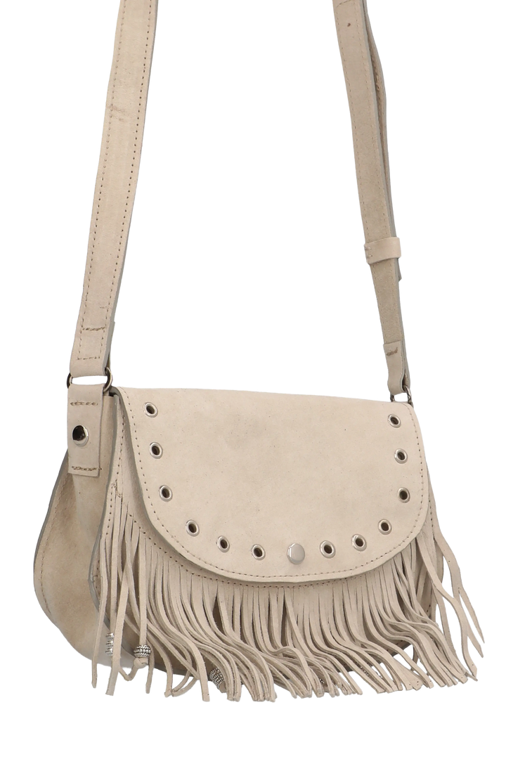 Beige suede handbag with fringe details on a white background
