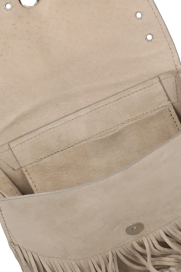Close-up of a beige leather bag with fringe details on a white background