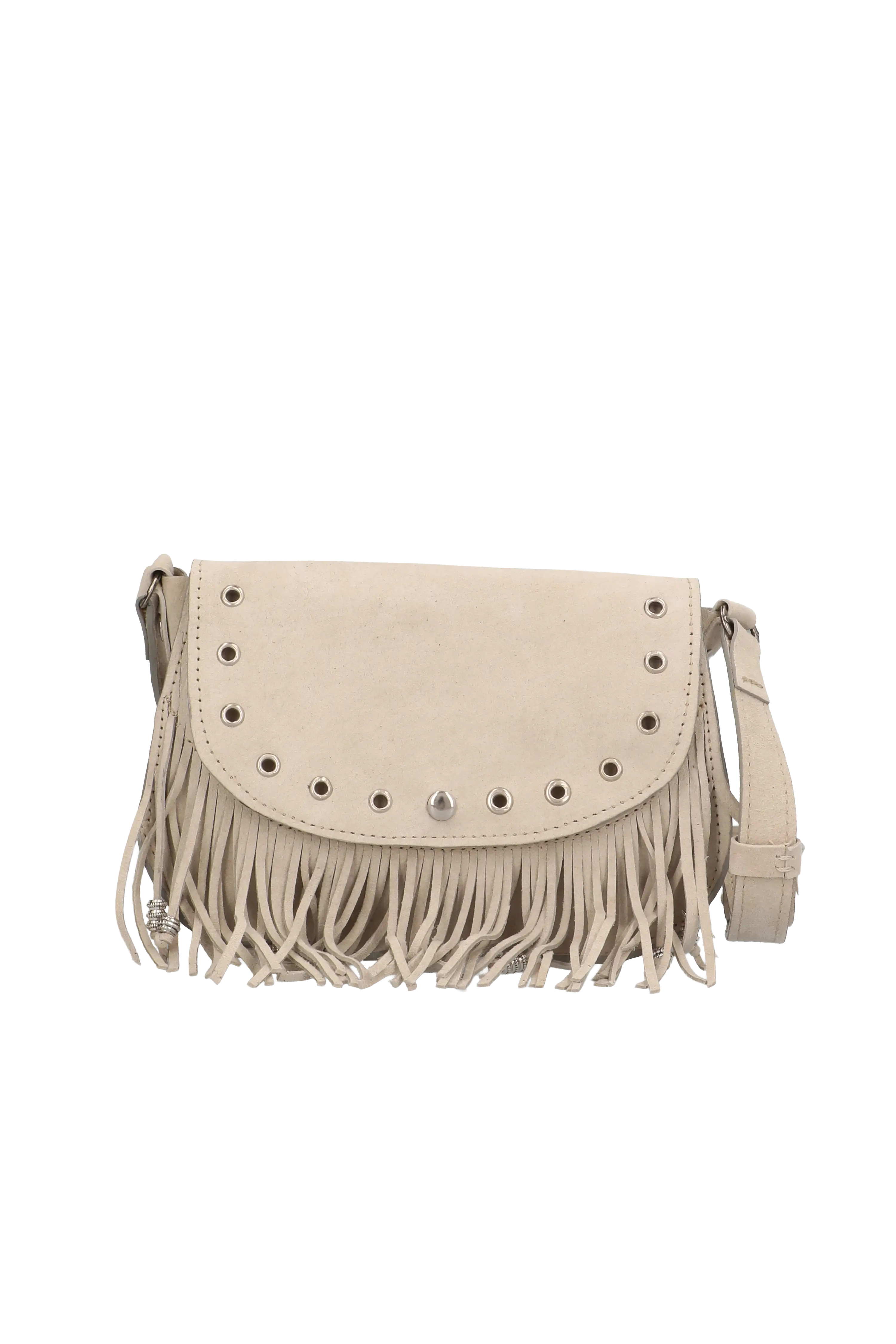 Beige handbag with fringe details on a white background