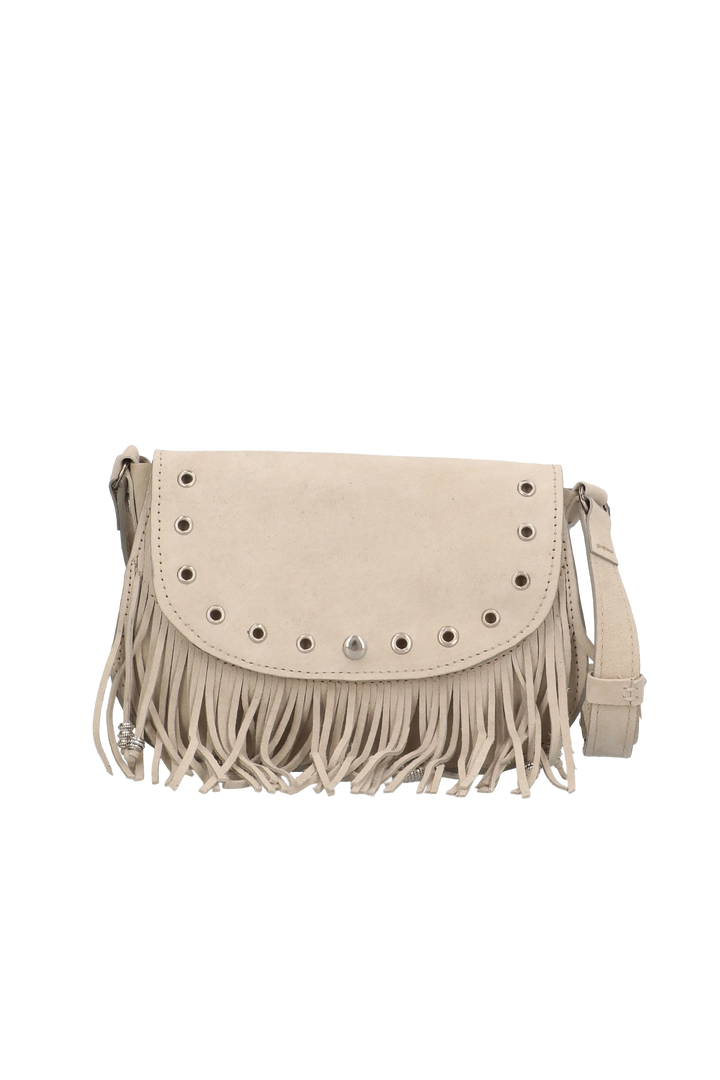 Beige handbag with fringe details on a white background