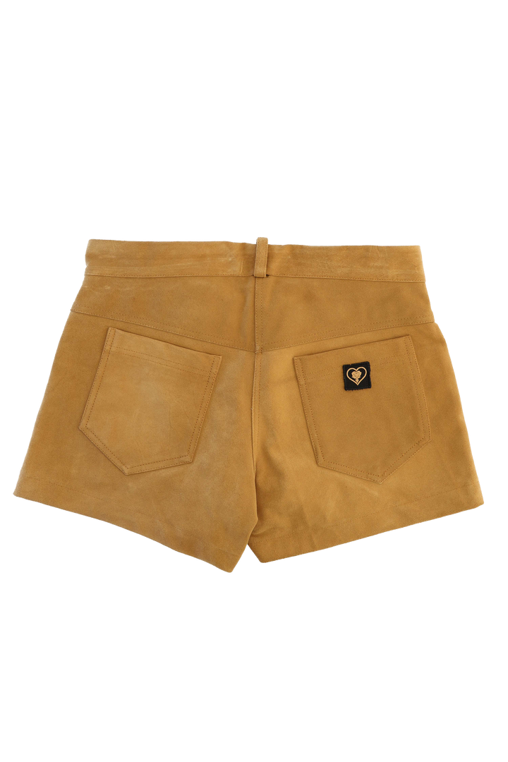 Back view of tan shorts with a small logo on a white background