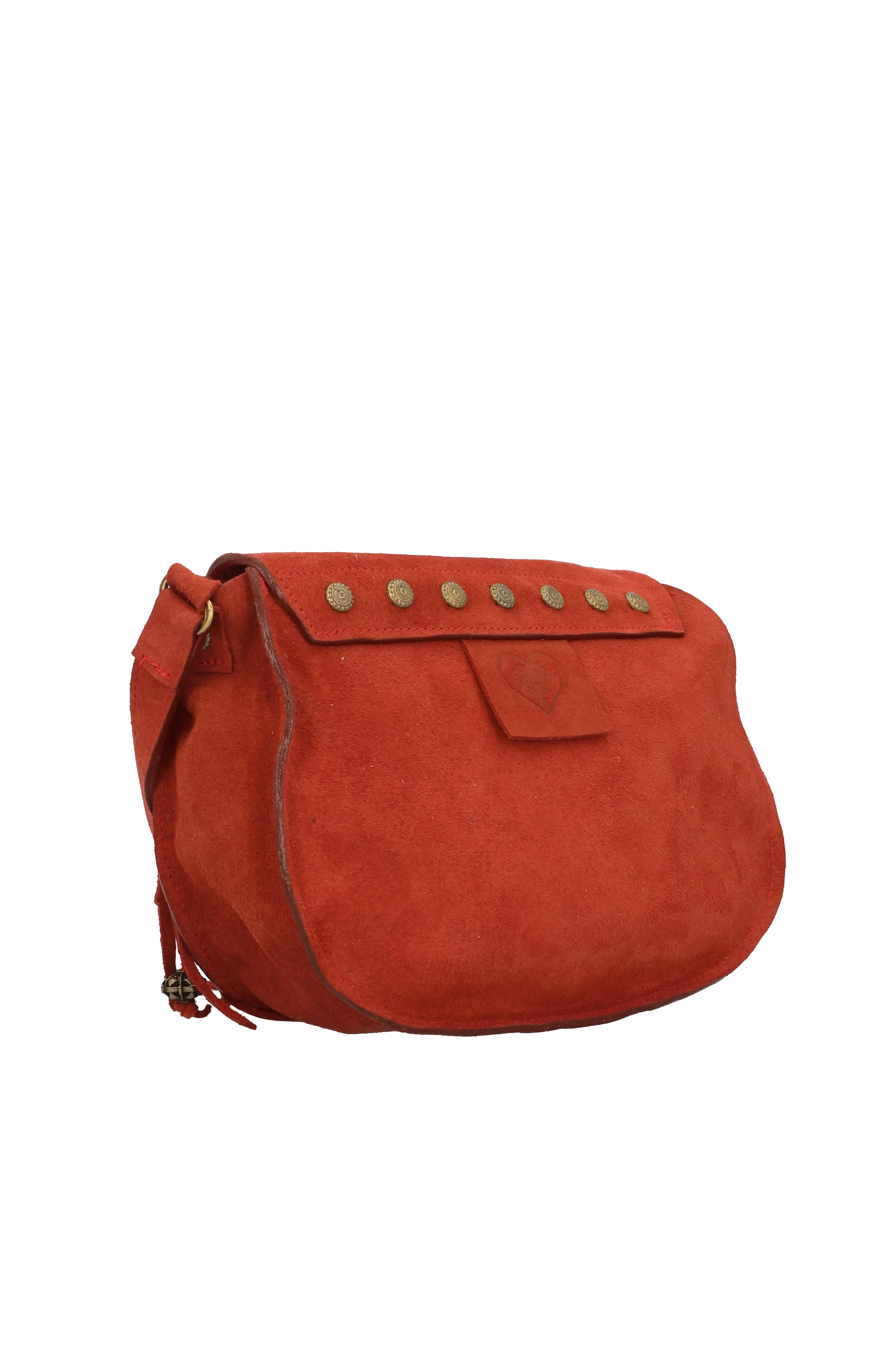 Red suede handbag with gold studs on a white background