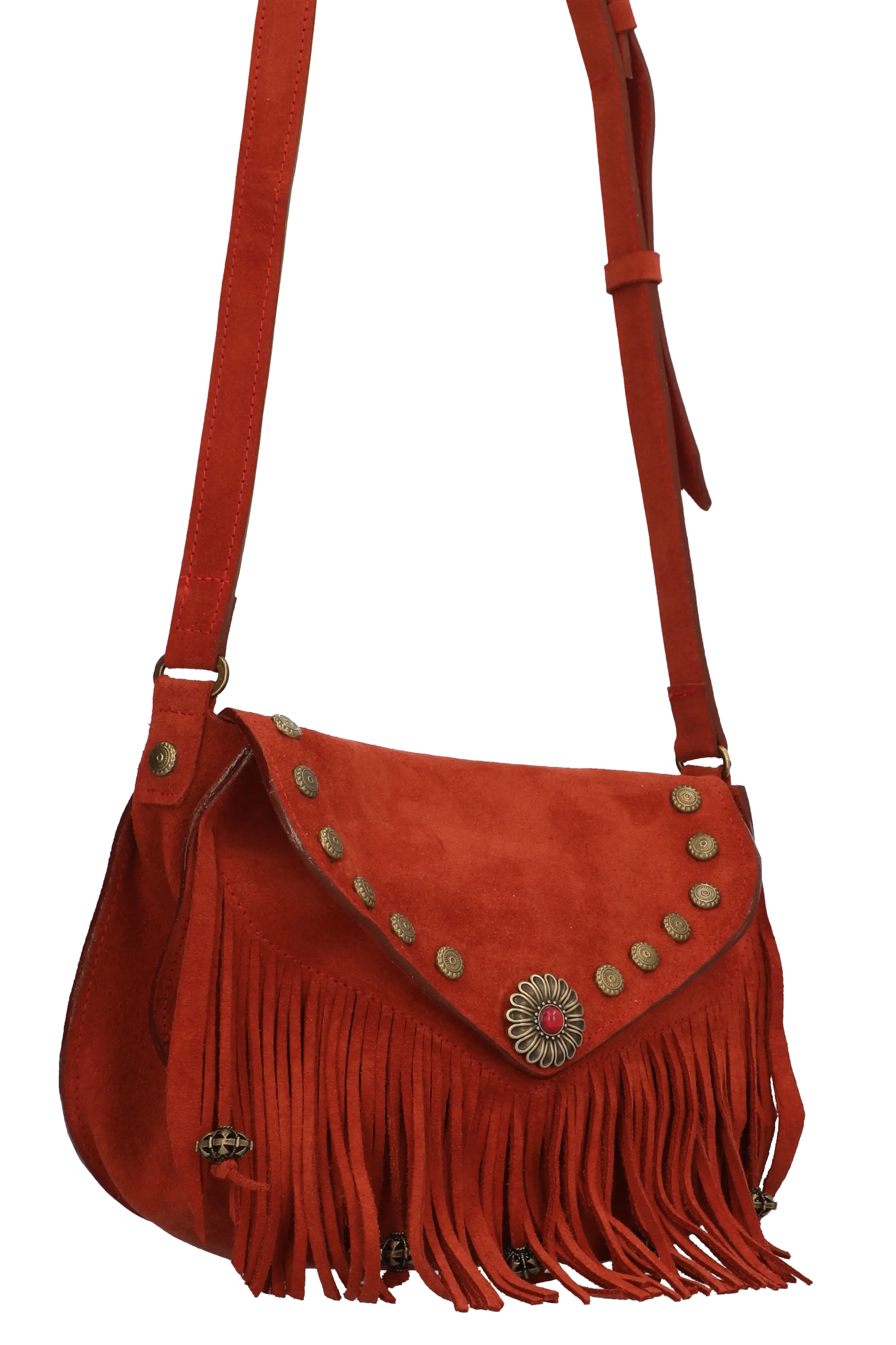 Red suede handbag with fringe and decorative stud details on a white background