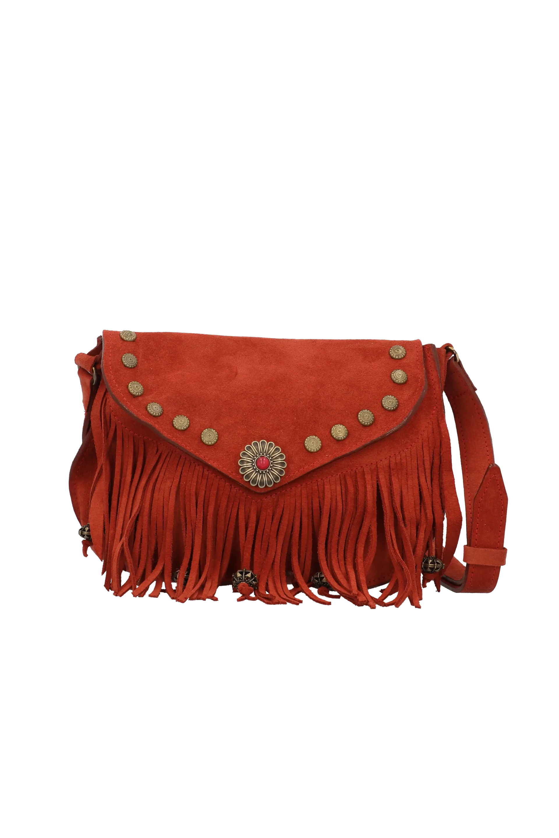 Red suede handbag with fringe and decorative studs on a white background