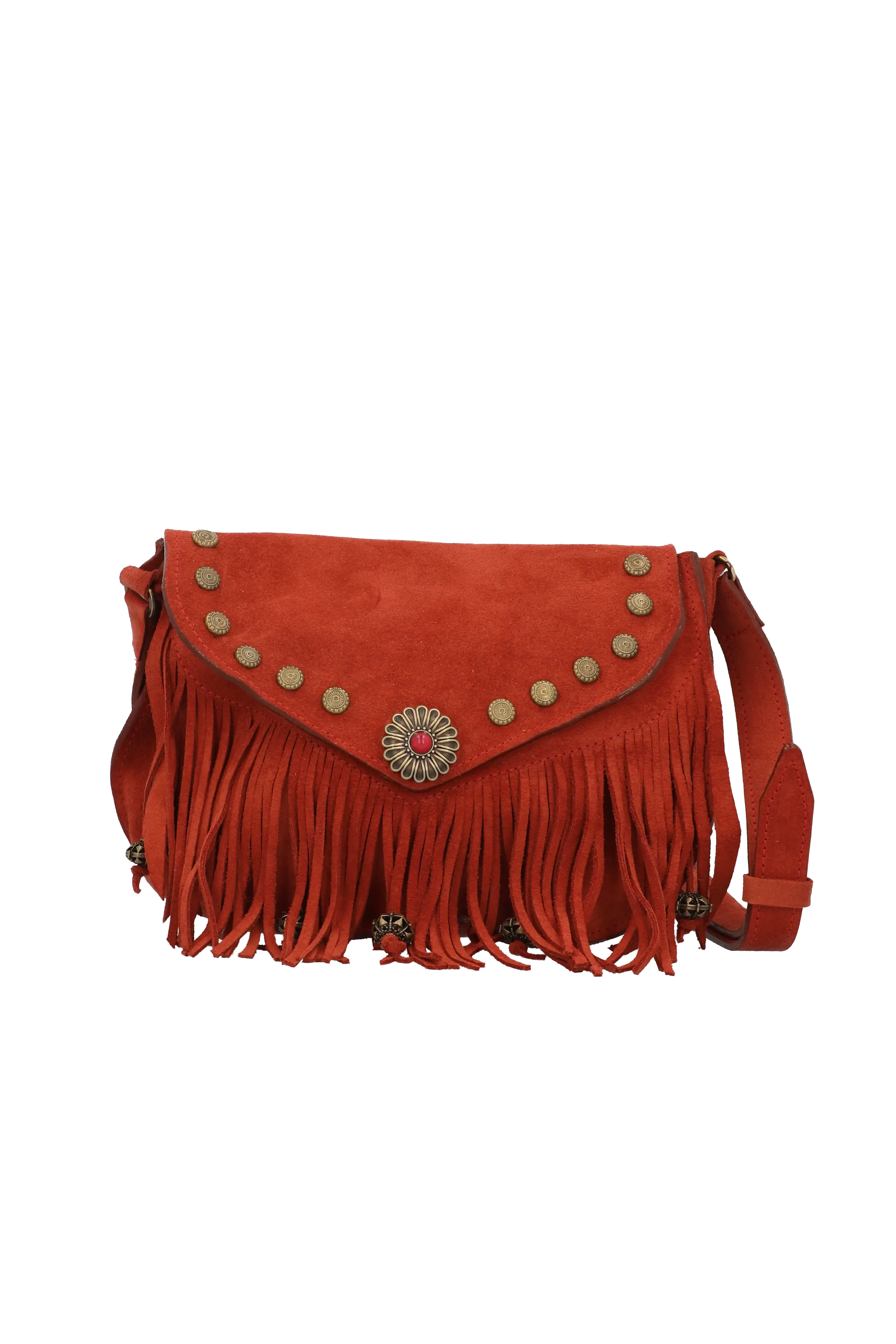 Red suede handbag with fringe and decorative studs on a white background