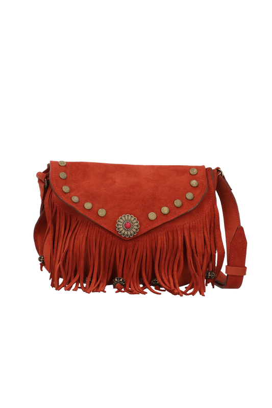 Red suede handbag with fringe and decorative studs on a white background
