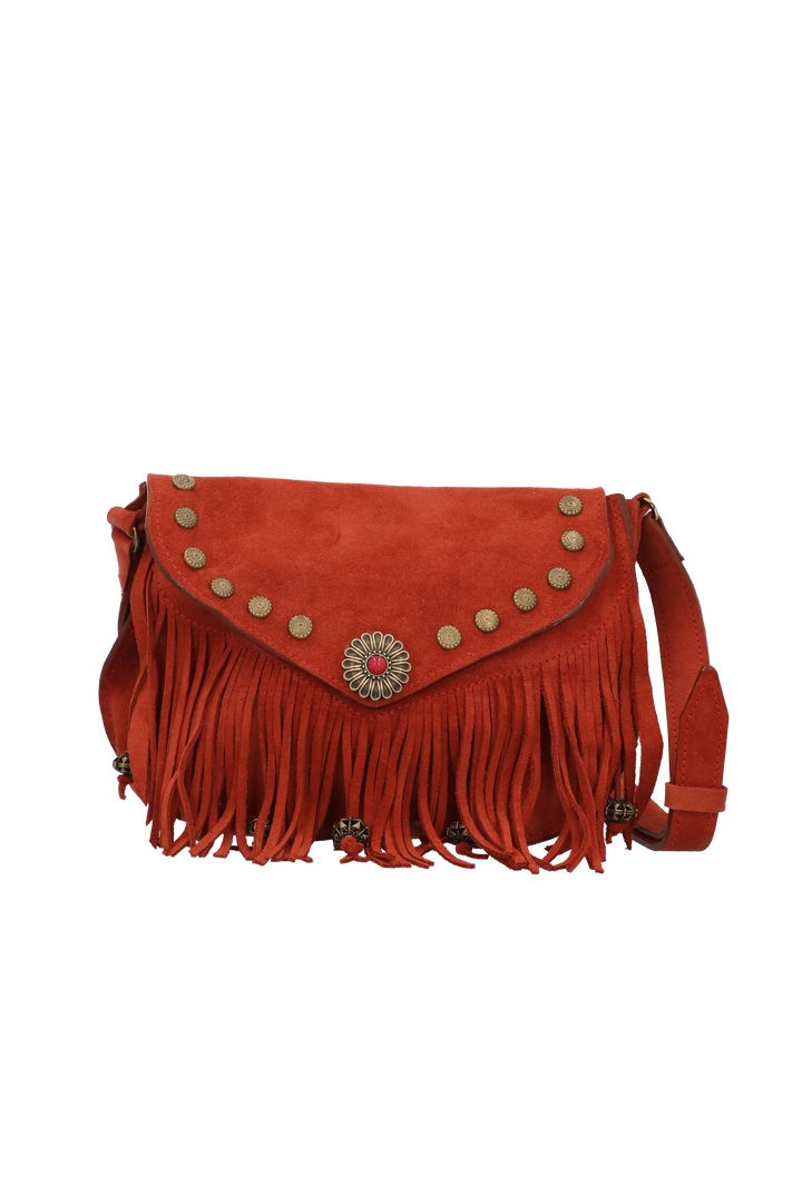Red suede handbag with fringe and decorative studs on a white background