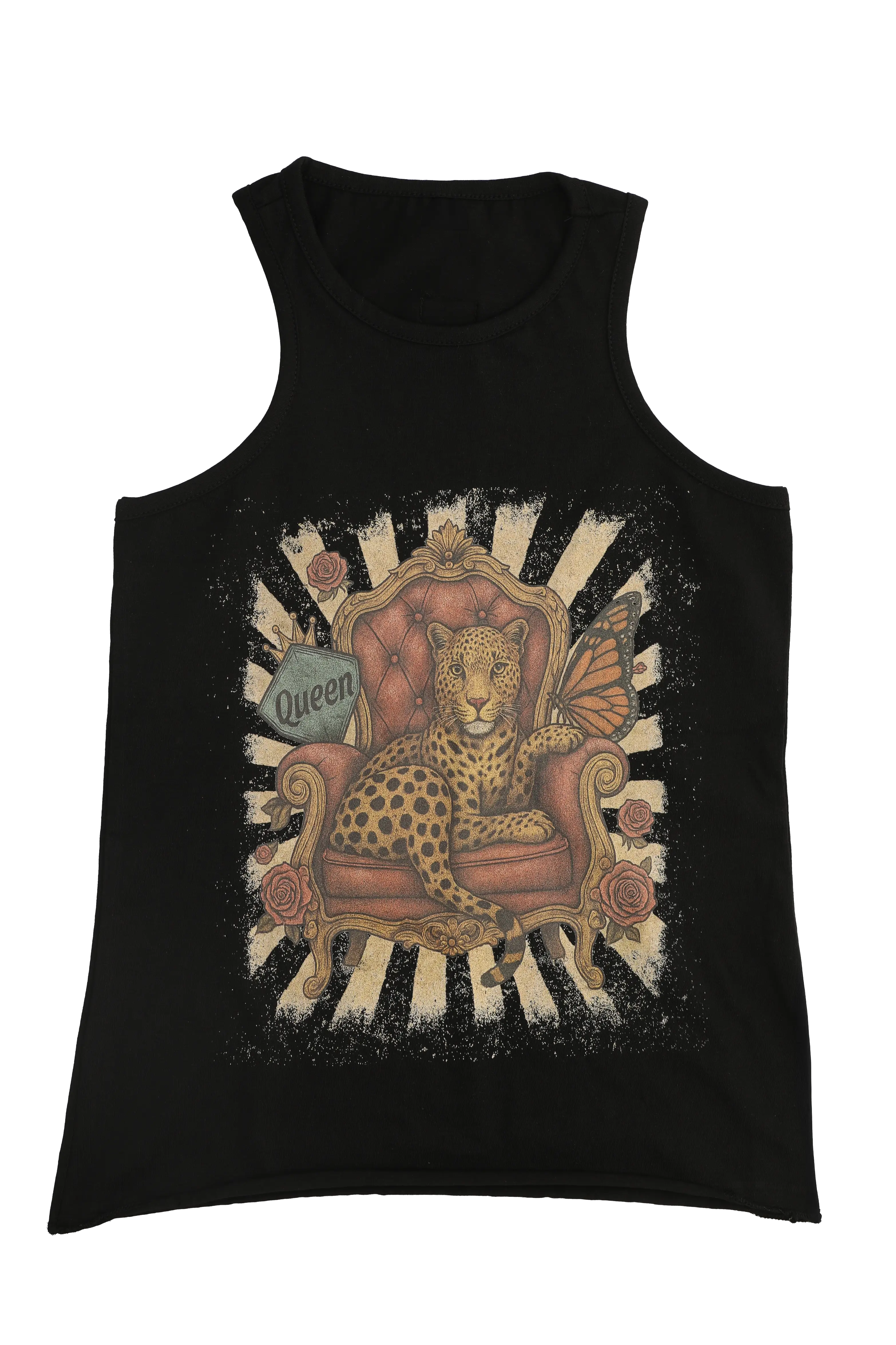 Black tank top with a graphic of a leopard on a throne and 'Queen' text.