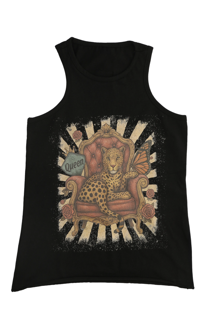 Black tank top with a graphic of a leopard on a throne and 'Queen' text.