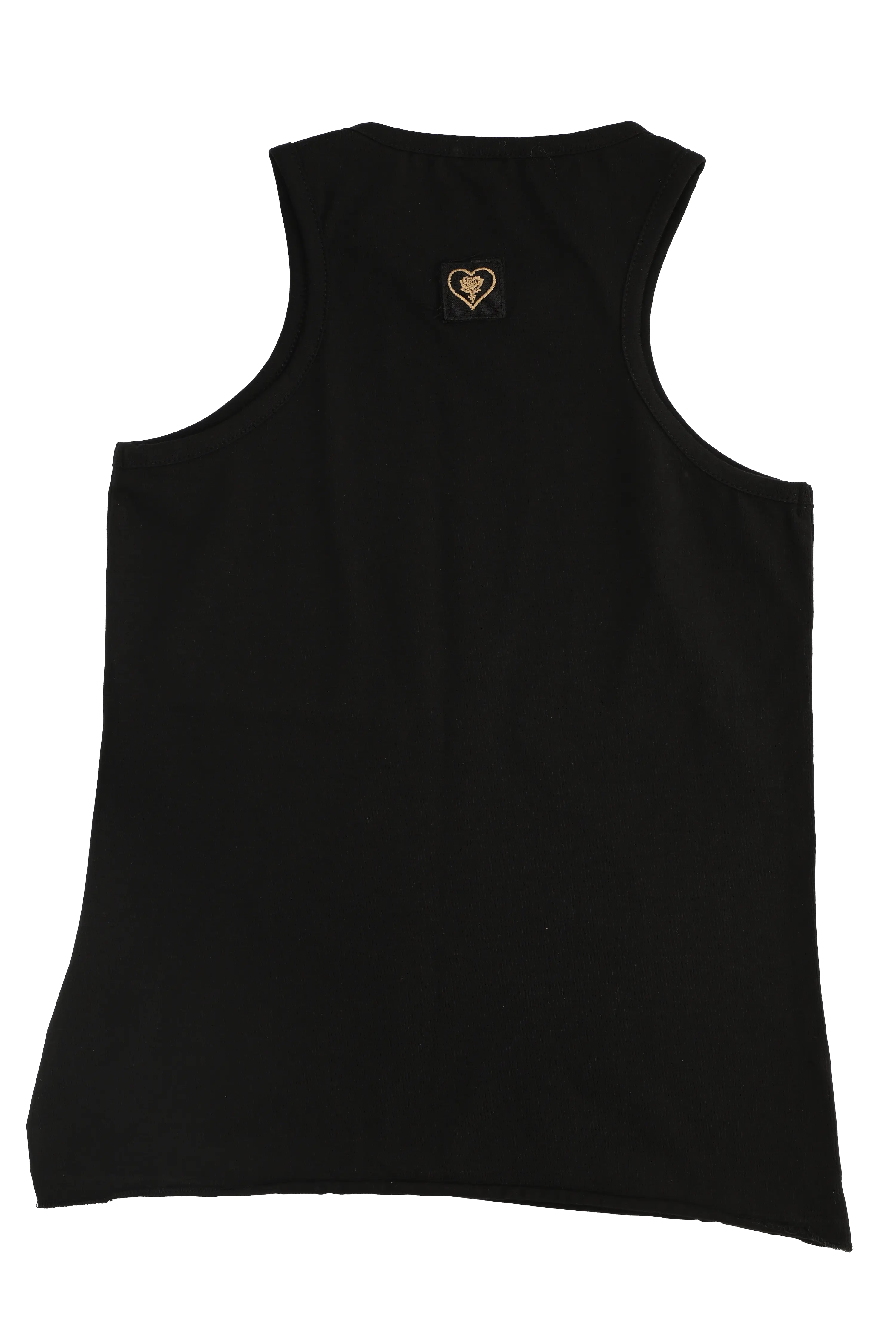 Black tank top with a small heart-shaped logo on the back against a white background