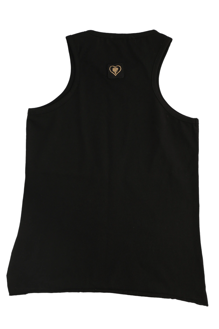 Black tank top with a small heart-shaped logo on the back against a white background