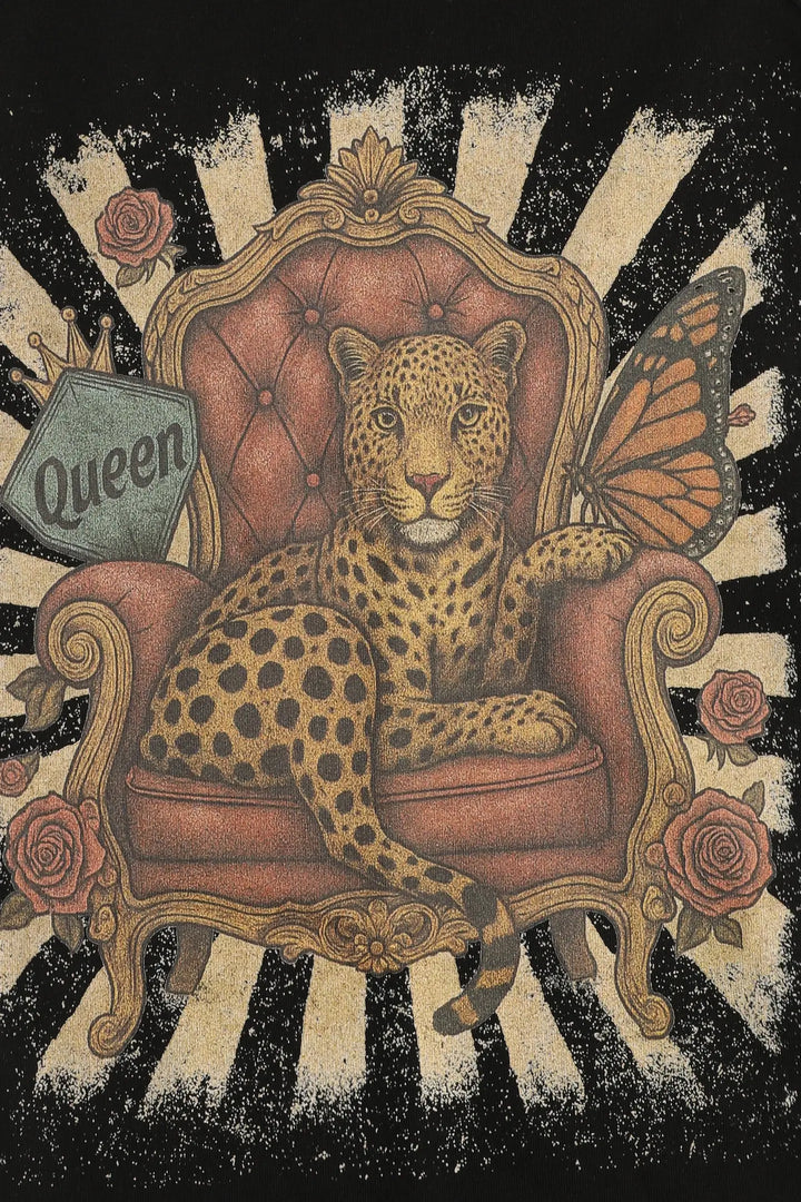 Leopard on a throne with roses and a butterfly, featuring the word 'Queen'.