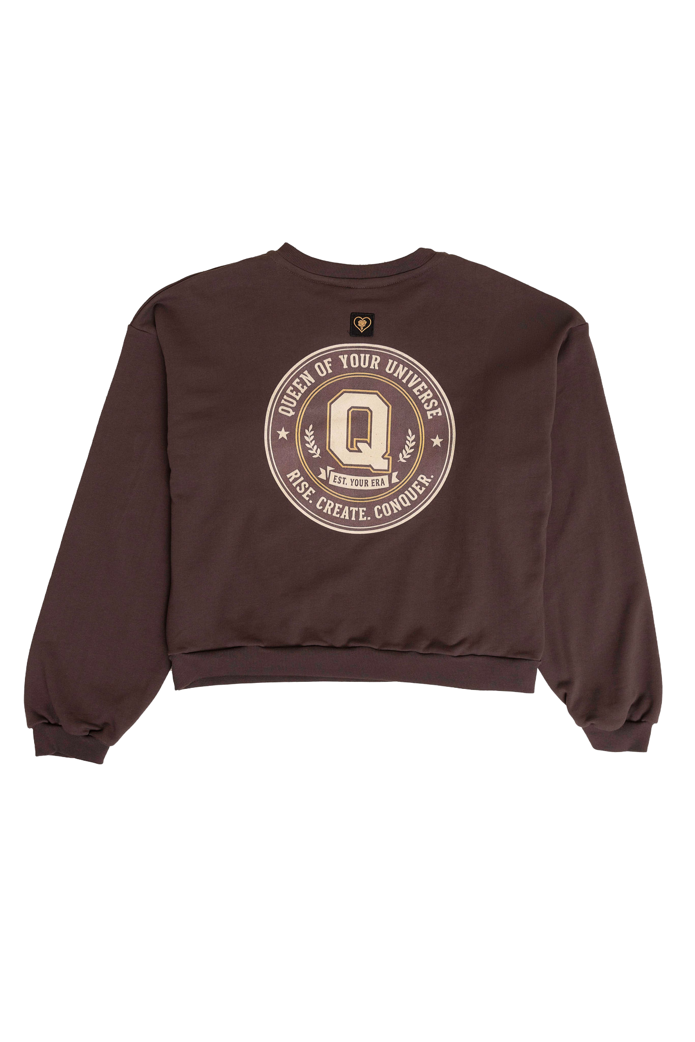 Brown sweatshirt with a circular logo on a white background