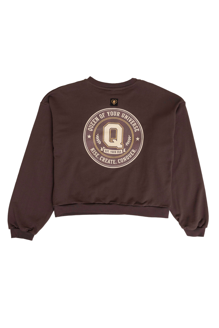 Brown sweatshirt with a circular logo on a white background