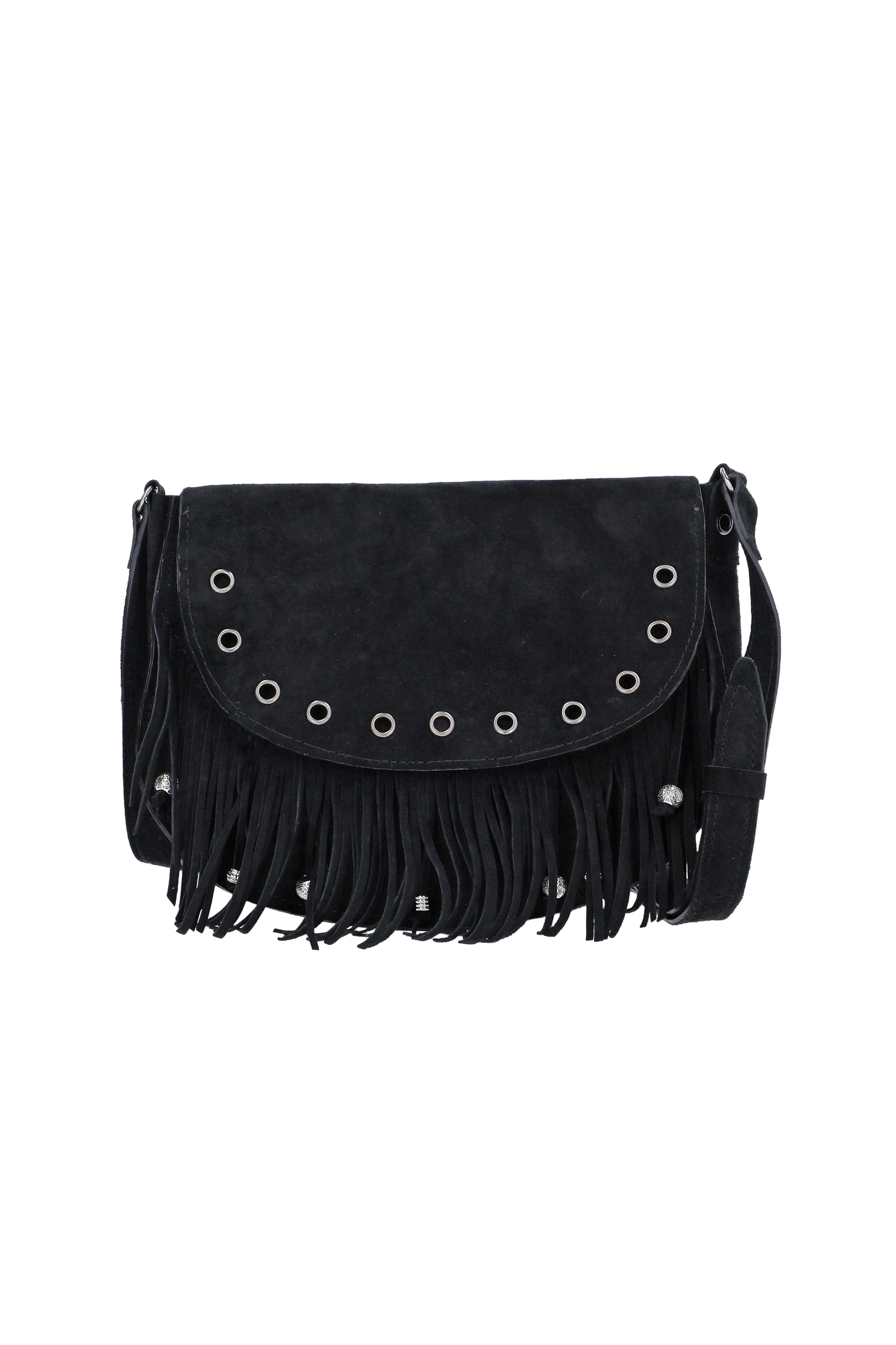 Black suede handbag with fringe and grommet details on a white background