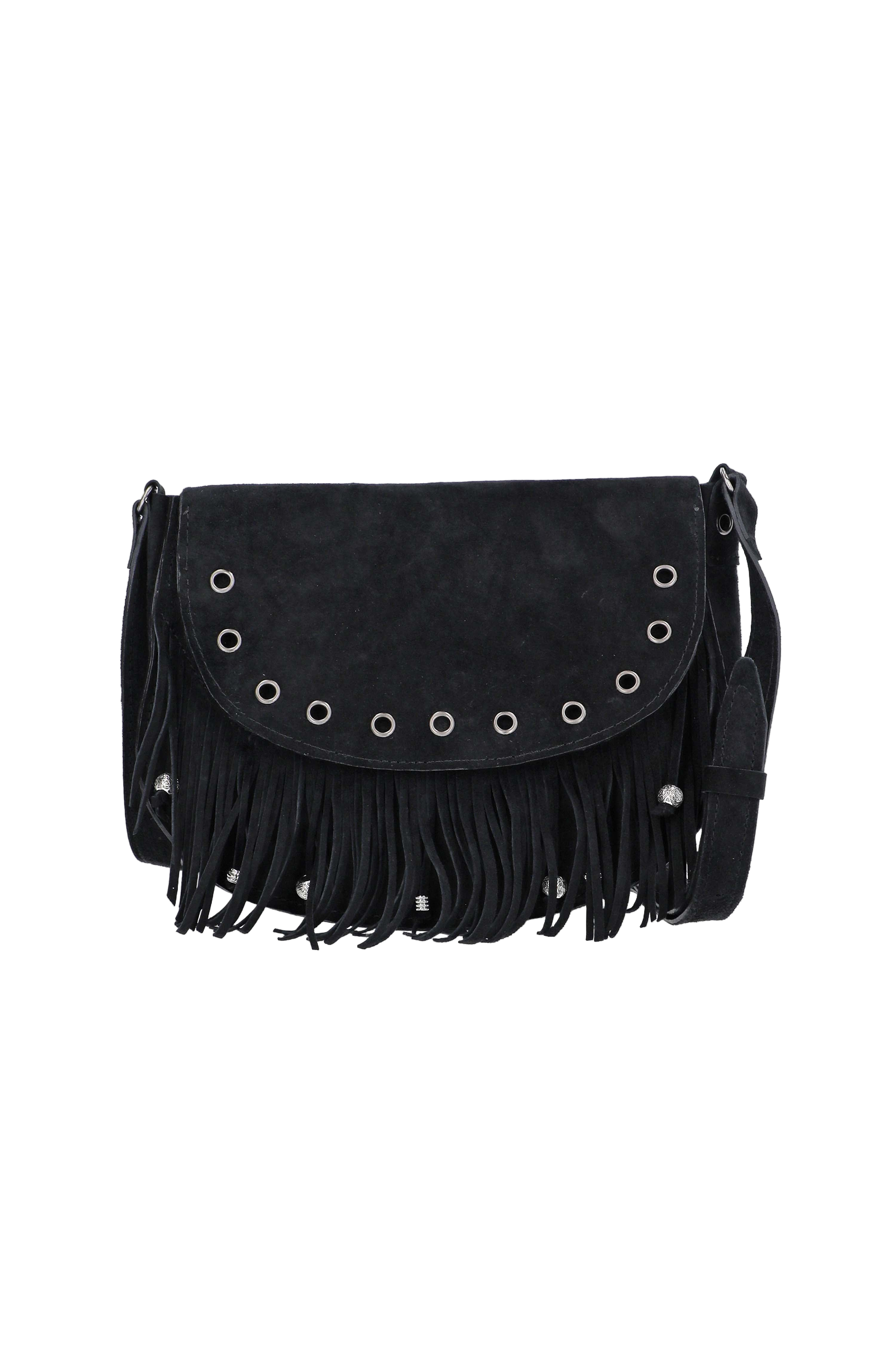 Black suede handbag with fringe and grommet details on a white background