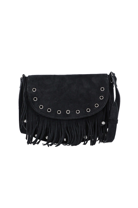 Black suede handbag with fringe and grommet details on a white background