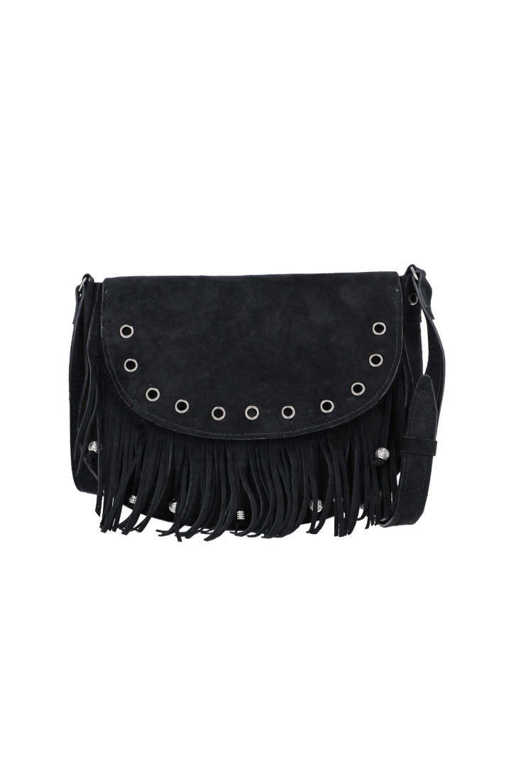 Black suede handbag with fringe and grommet details on a white background