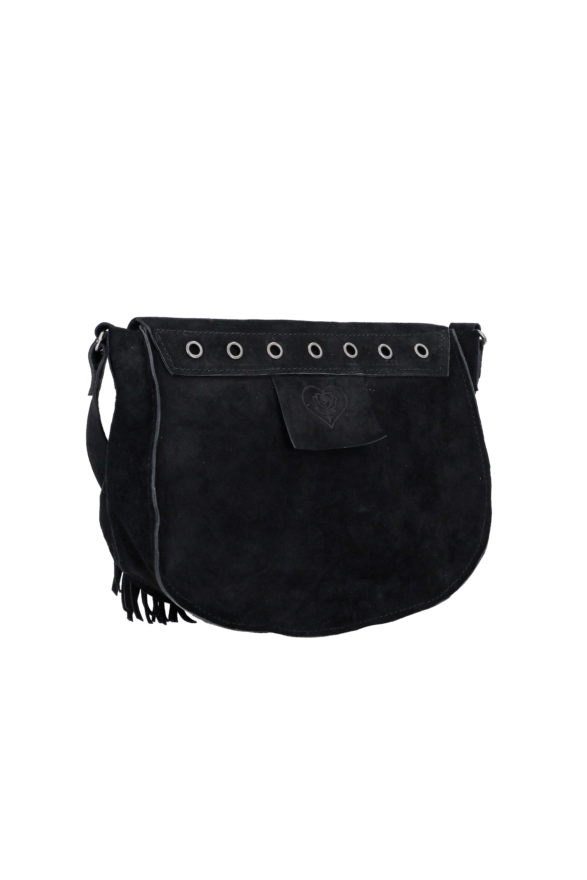 Black handbag with fringe details on a white background