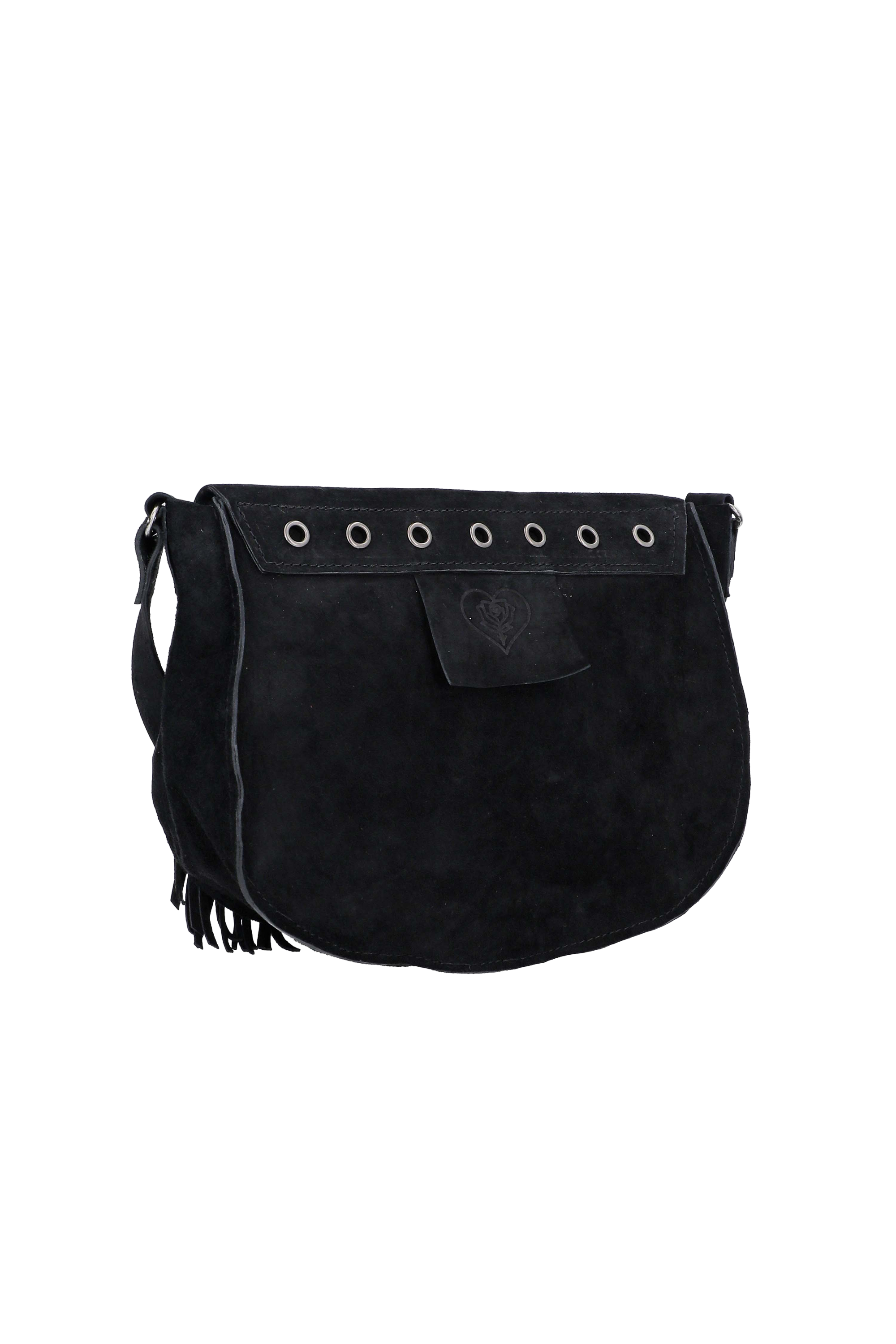 Black handbag with fringe details on a white background