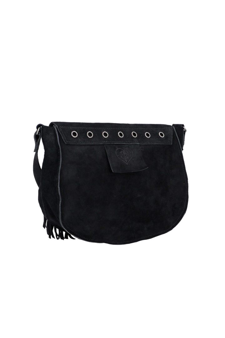 Black handbag with fringe details on a white background