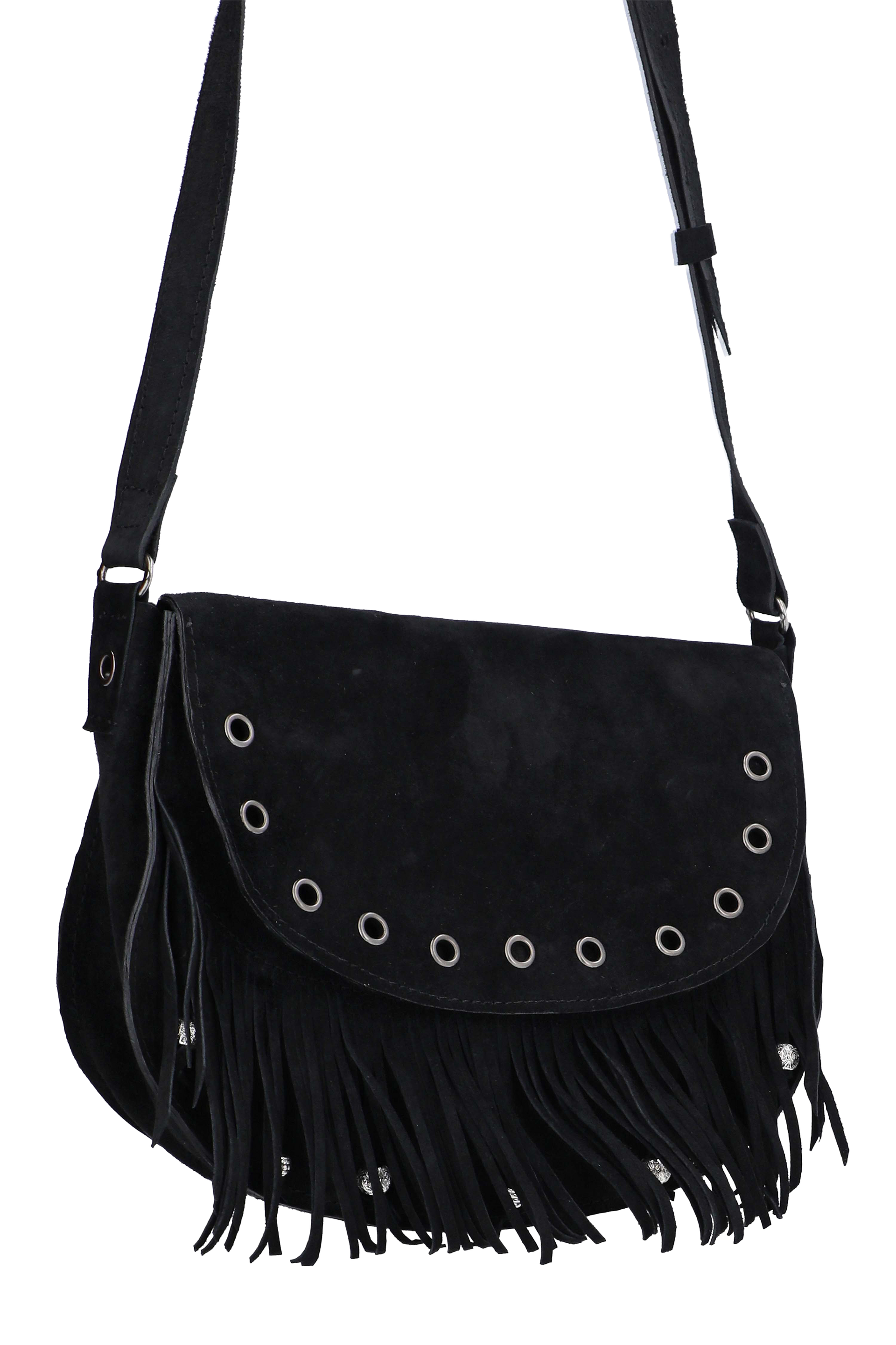 Black suede handbag with fringe and grommet details on a white background