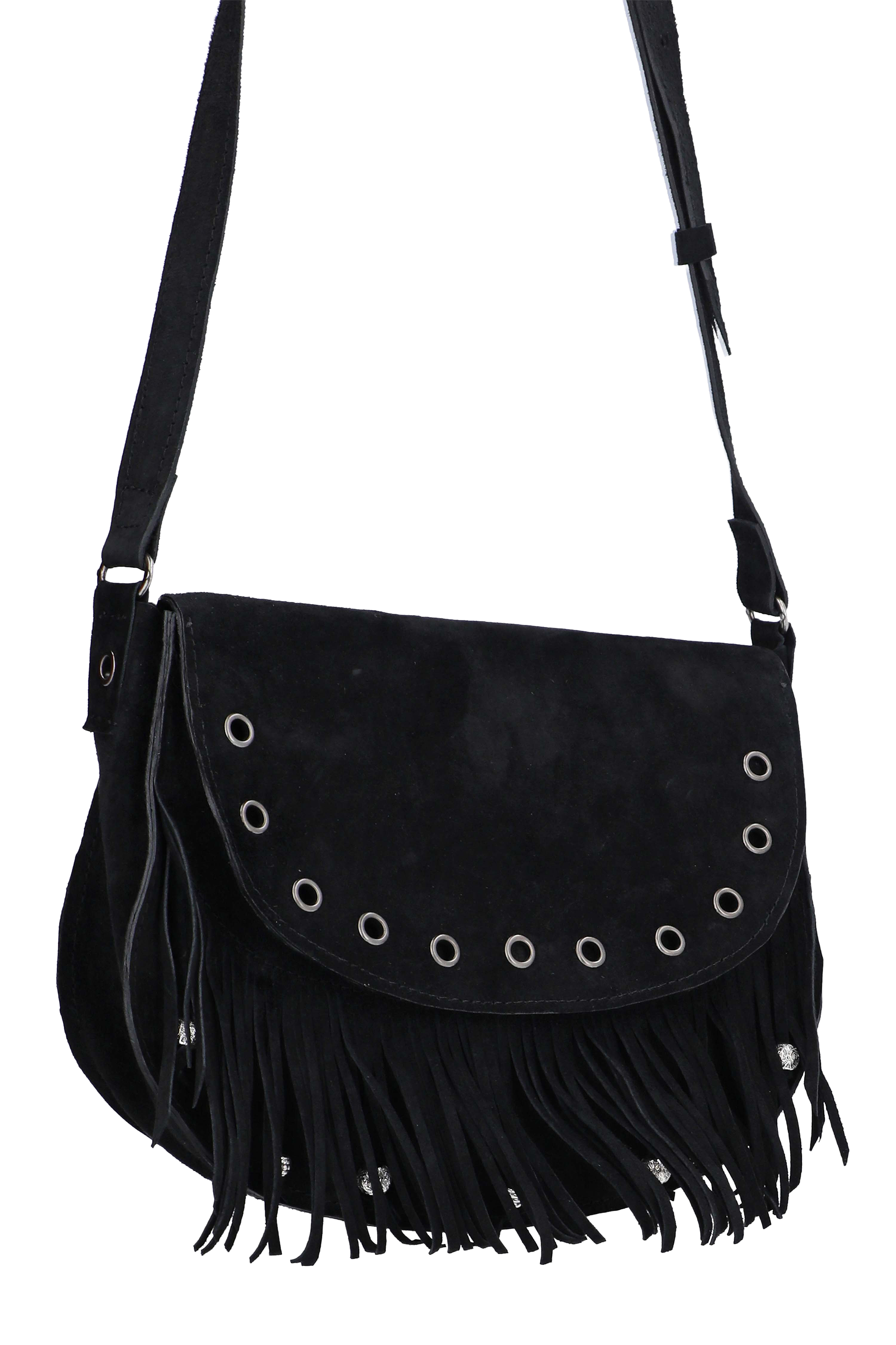 Black suede handbag with fringe and grommet details on a white background