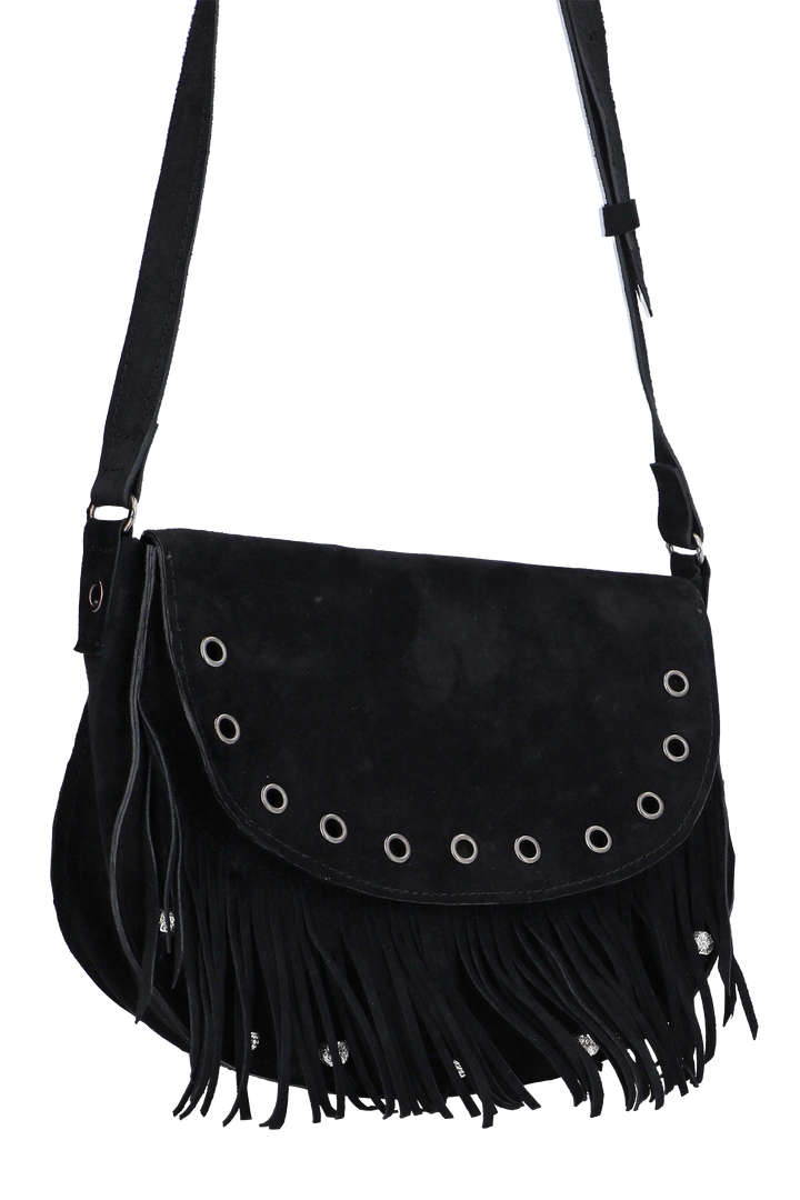 Black suede handbag with fringe and grommet details on a white background