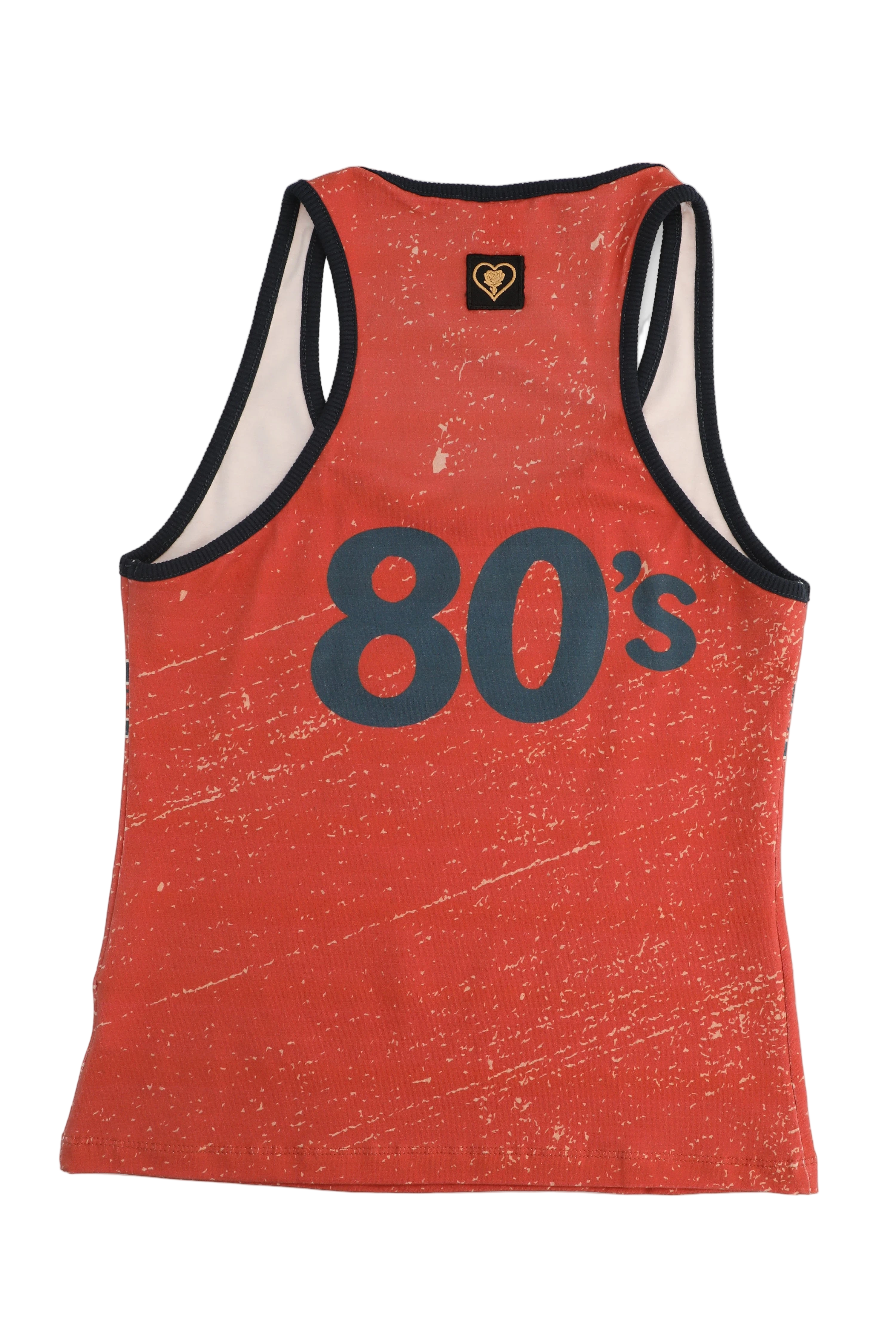 Red tank top with '80's' text on a white background