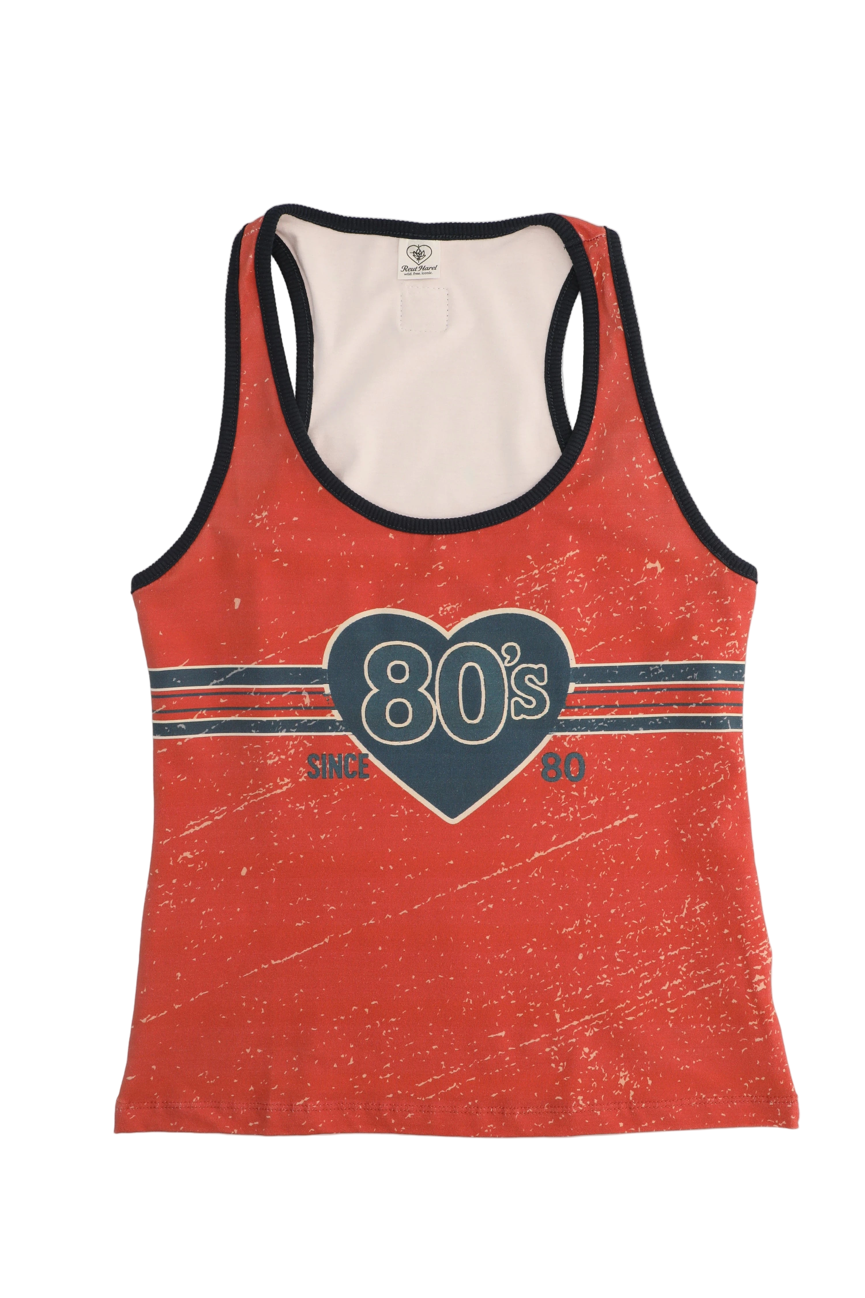 Red tank top with '80s' design on a white background
