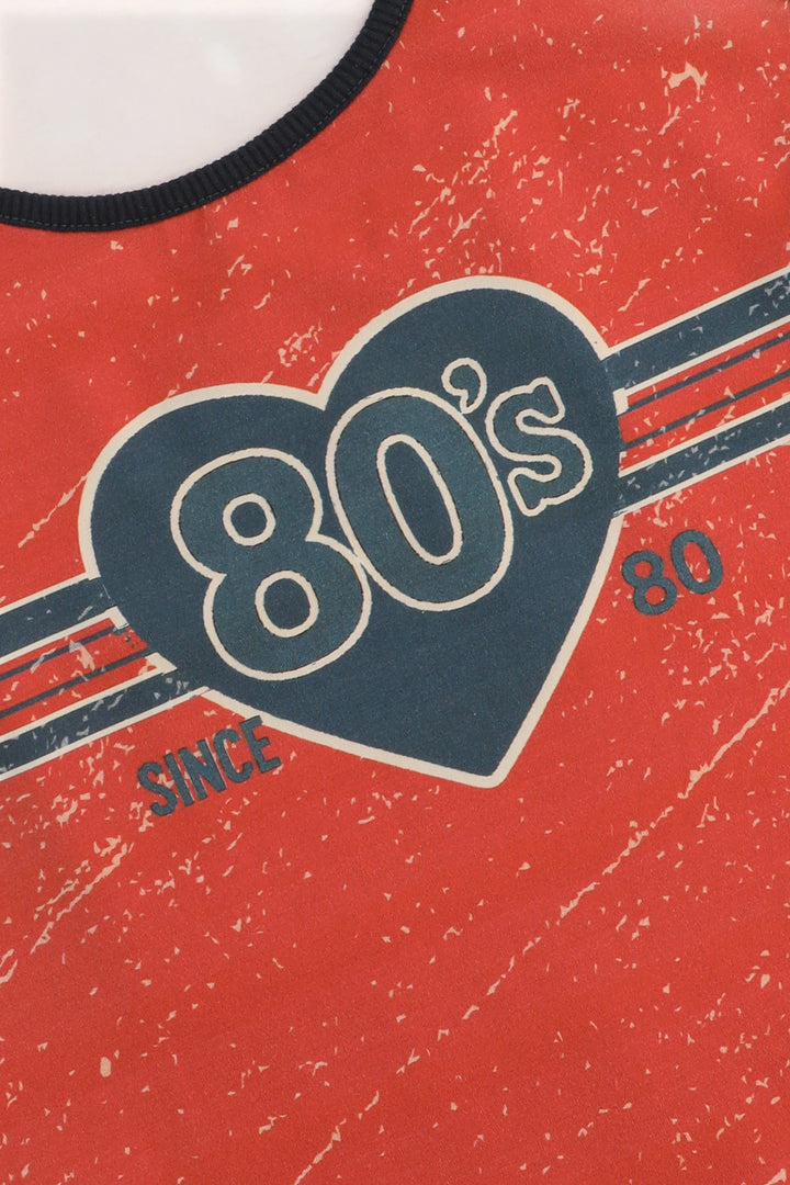 Red shirt with '80s' design and heart shape on a textured background